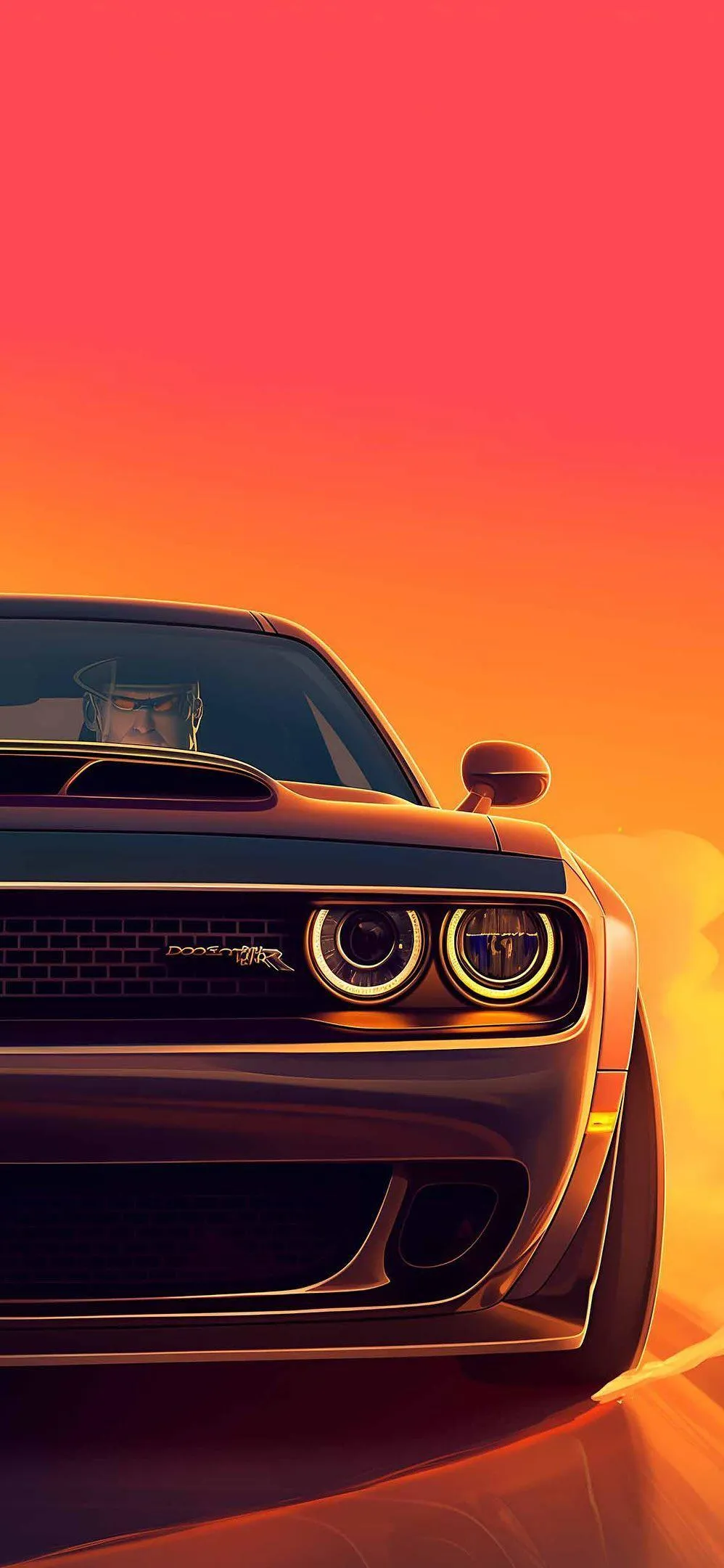 Classic Orange Sports Car Under Sunset Sky Glow Wallpaper