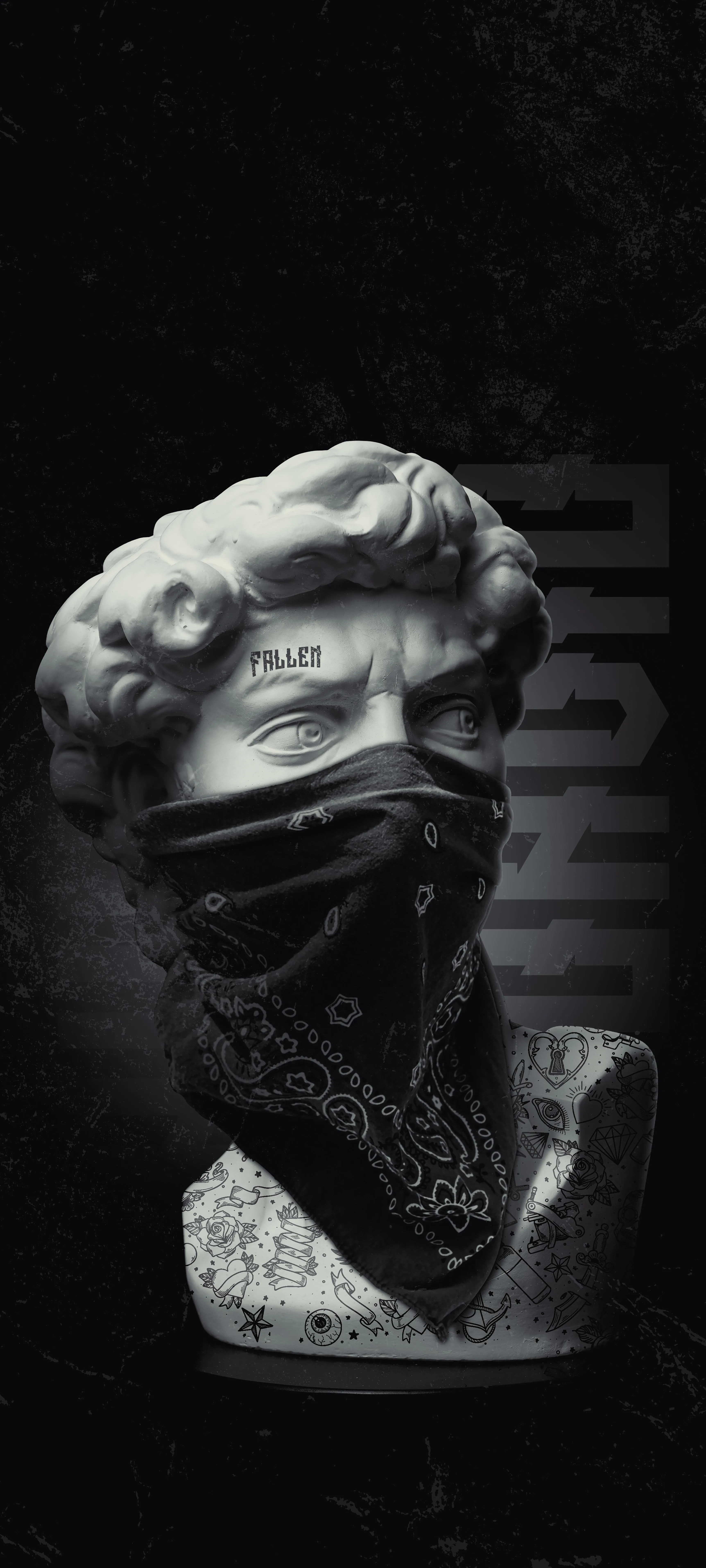 Classic Statue Bust Wearing Modern Black Face Mask