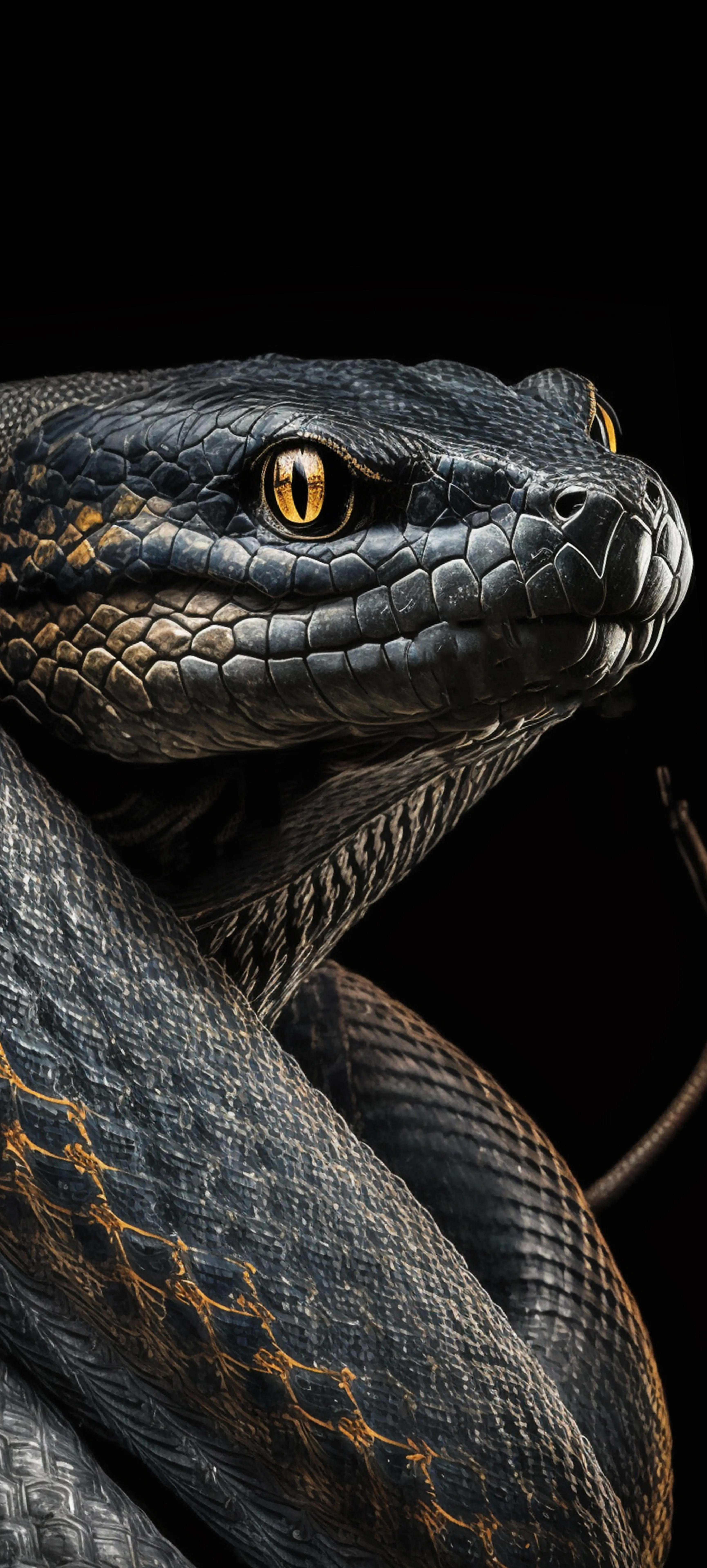 Close Up of a Black Snake with Glossy Scales and Piercing Eyes