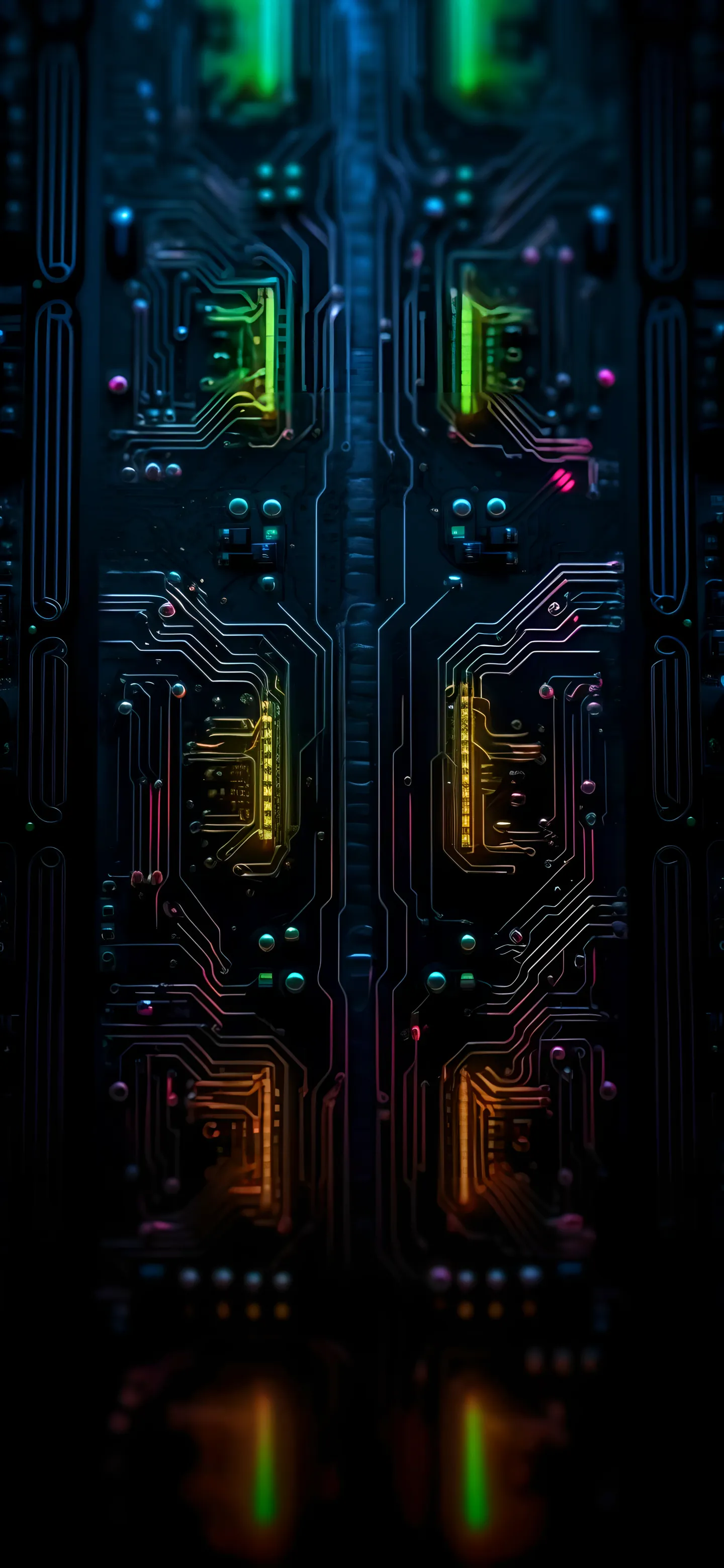 Close Up of Colorful Glowing Circuit Board with Detailed Traces