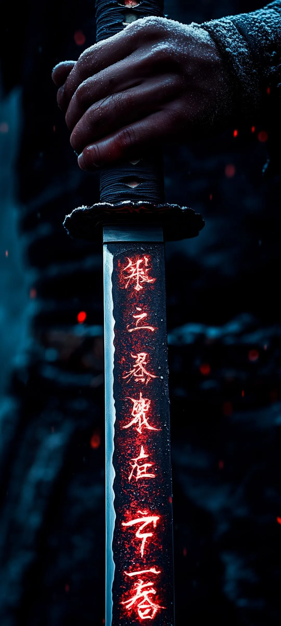 Close Up of Samurai Sword Handle with Red Light Wallpaper