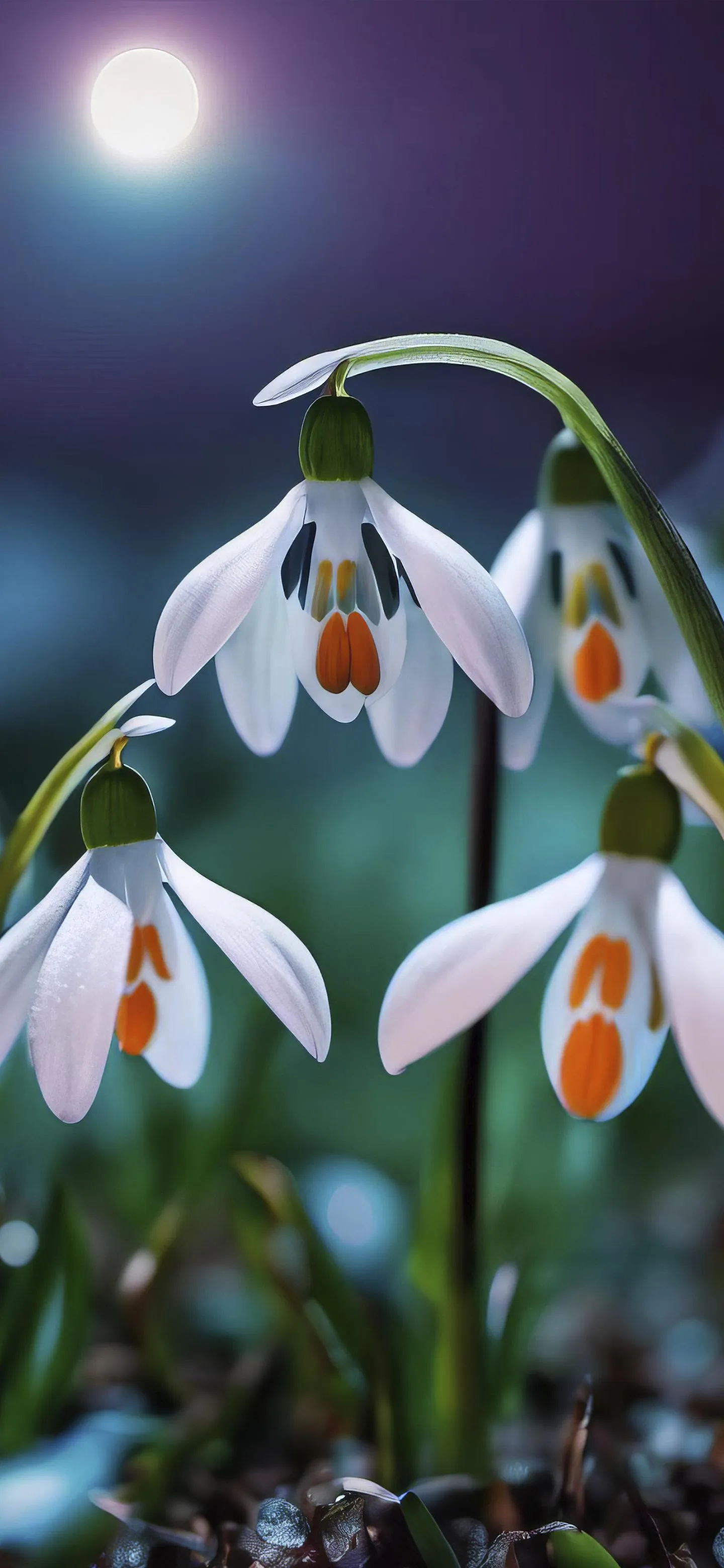 Close Up of White Snowdrop Flowers in Soft Moonlight