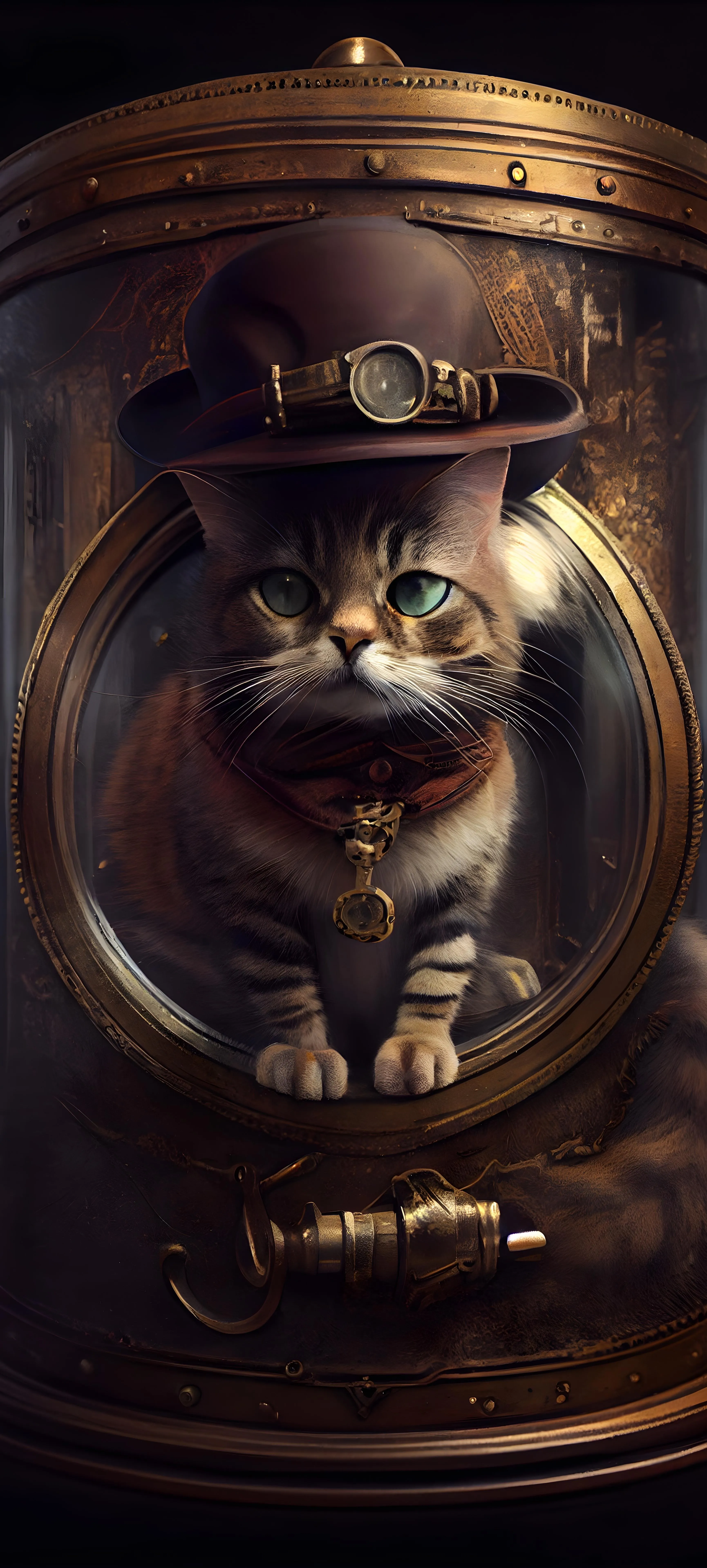 Closeup of Ornate Bronze Door Handle with Cat Peeking Out