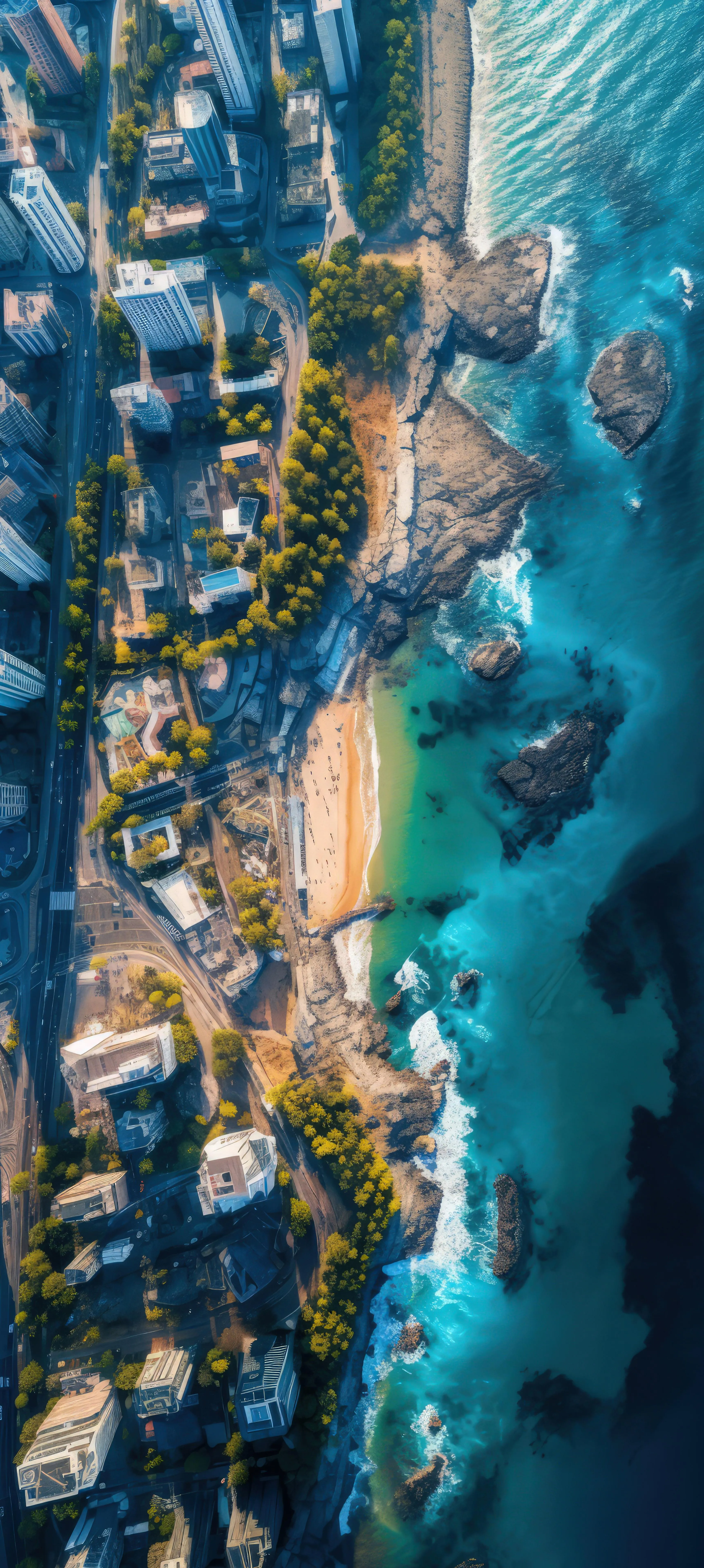 Coastal Aerial View with Turquoise Water and Rocky Shore