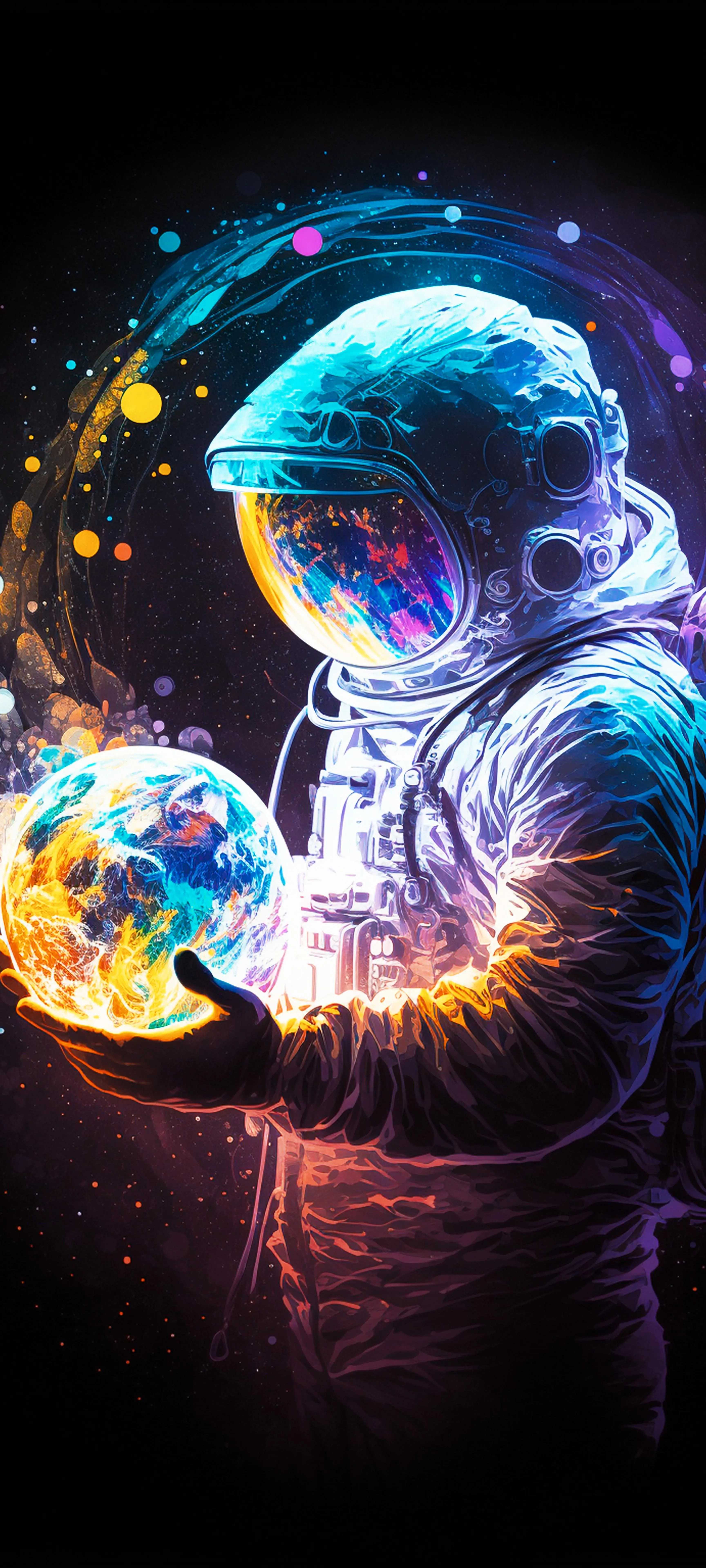 Colorful Astronaut Holding Glowing Planet in Dark Space