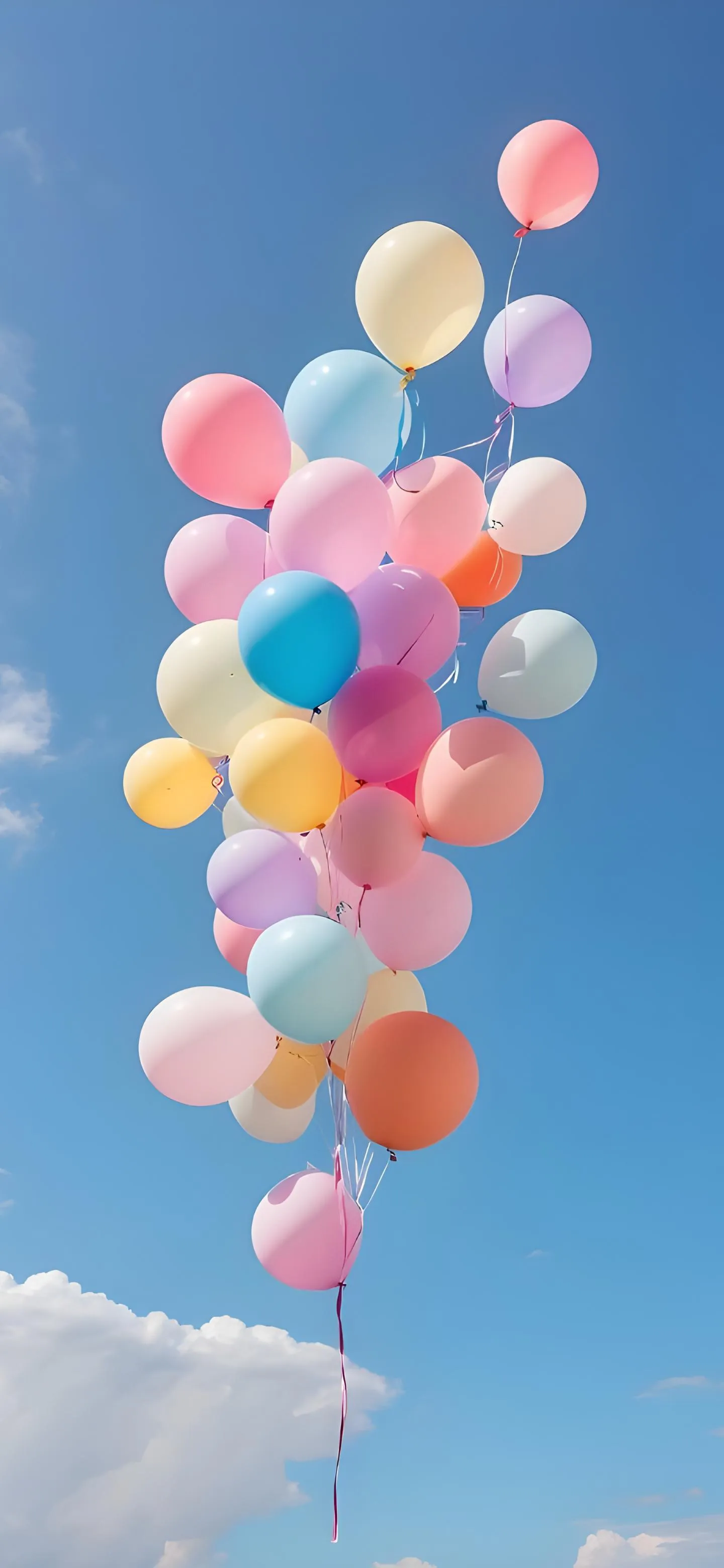 Colorful Balloons Floating High in Clear Blue Sky Wallpaper