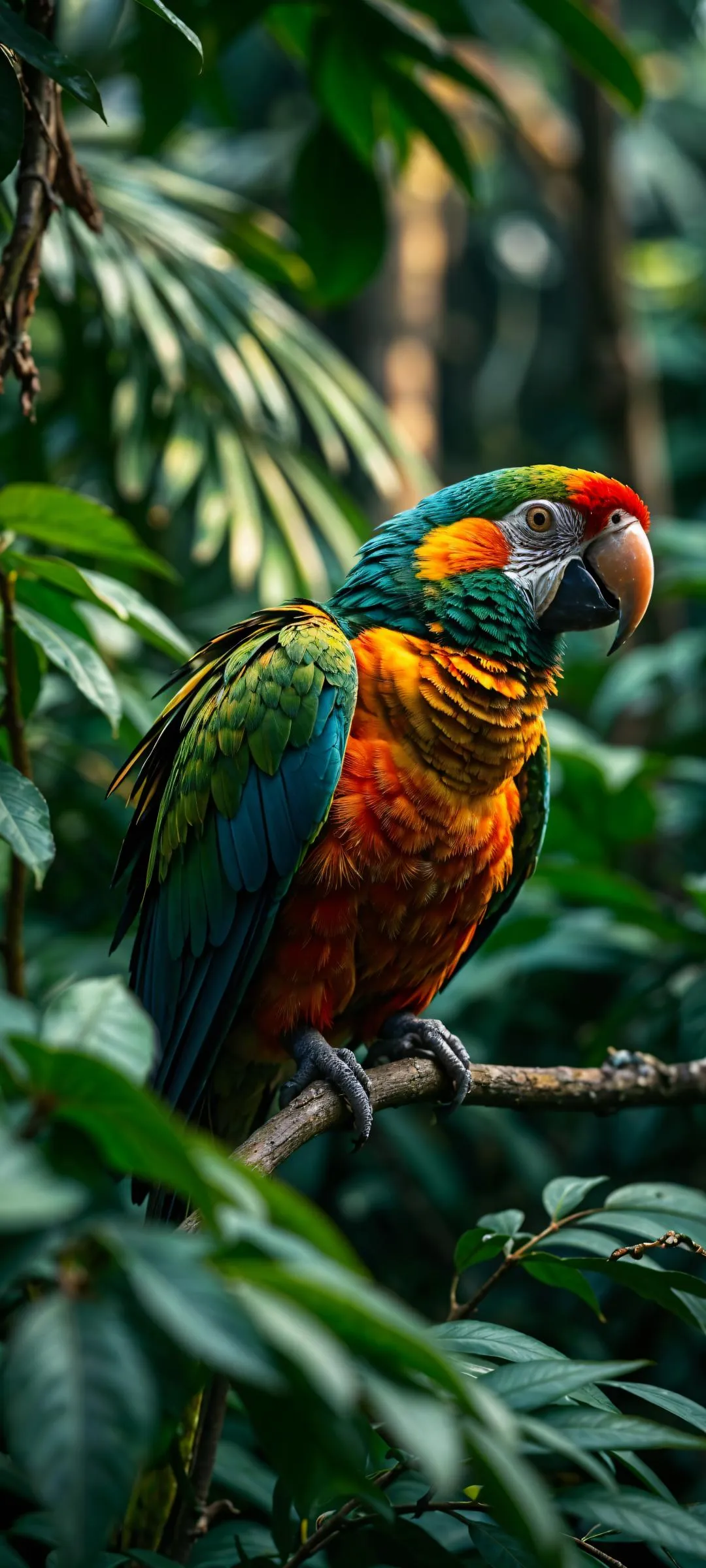 Colorful Bird Perched in Lush Tropical Foliage Wallpaper