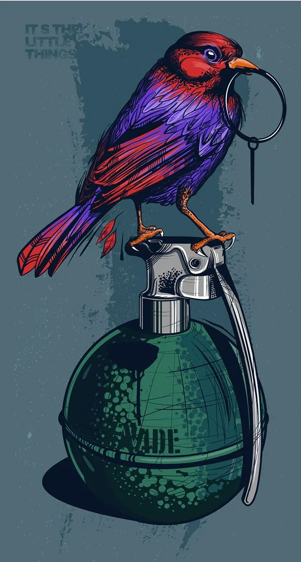 Colorful Bird Resting on Bomb Artistic Vintage Detailing