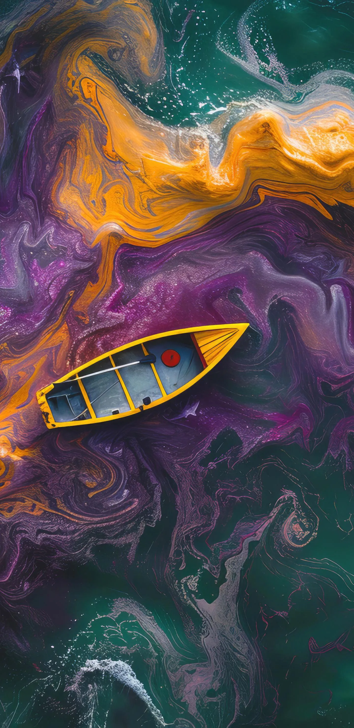 Colorful Boat Floating in Abstract Swirl Waterscape
