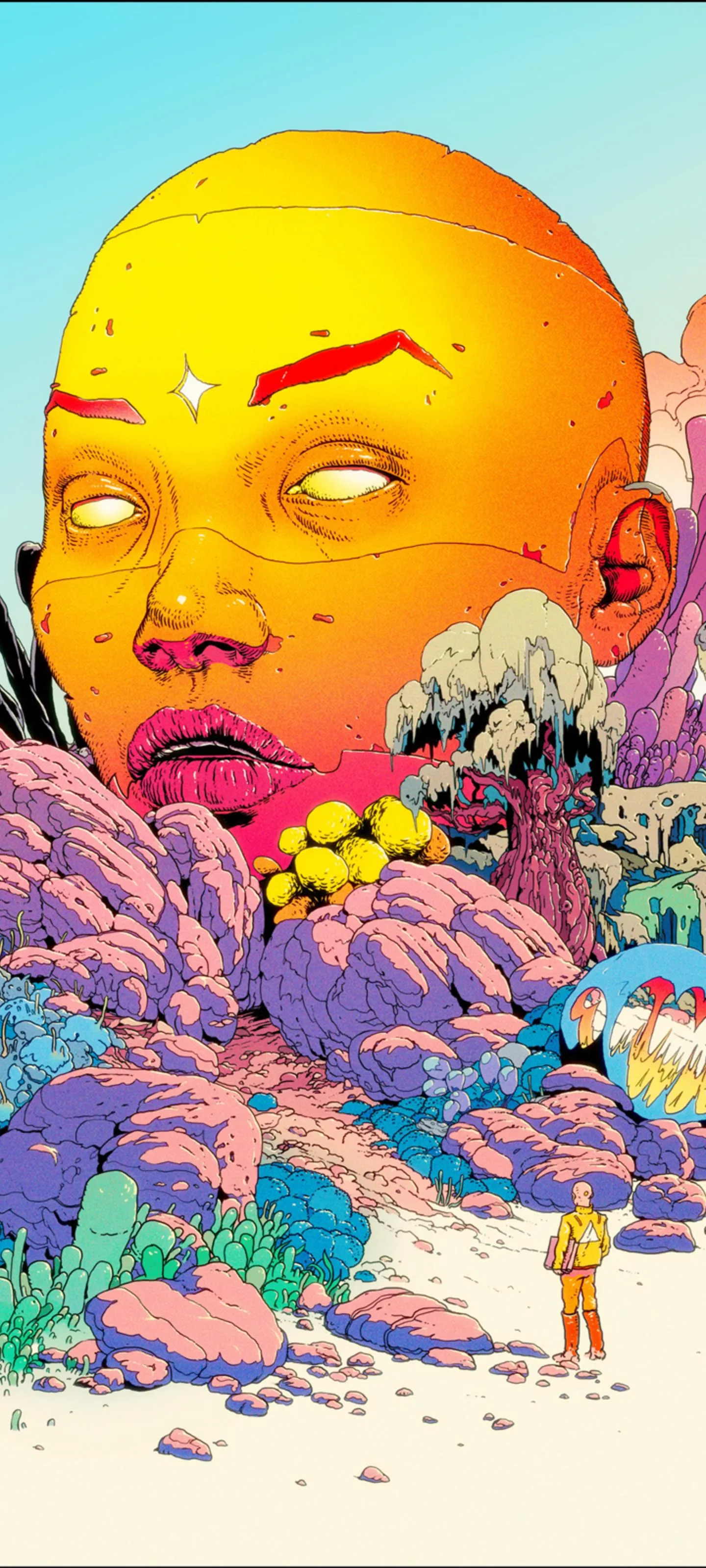 Colorful Cartoon Face Surrounded by Flowers and Trees