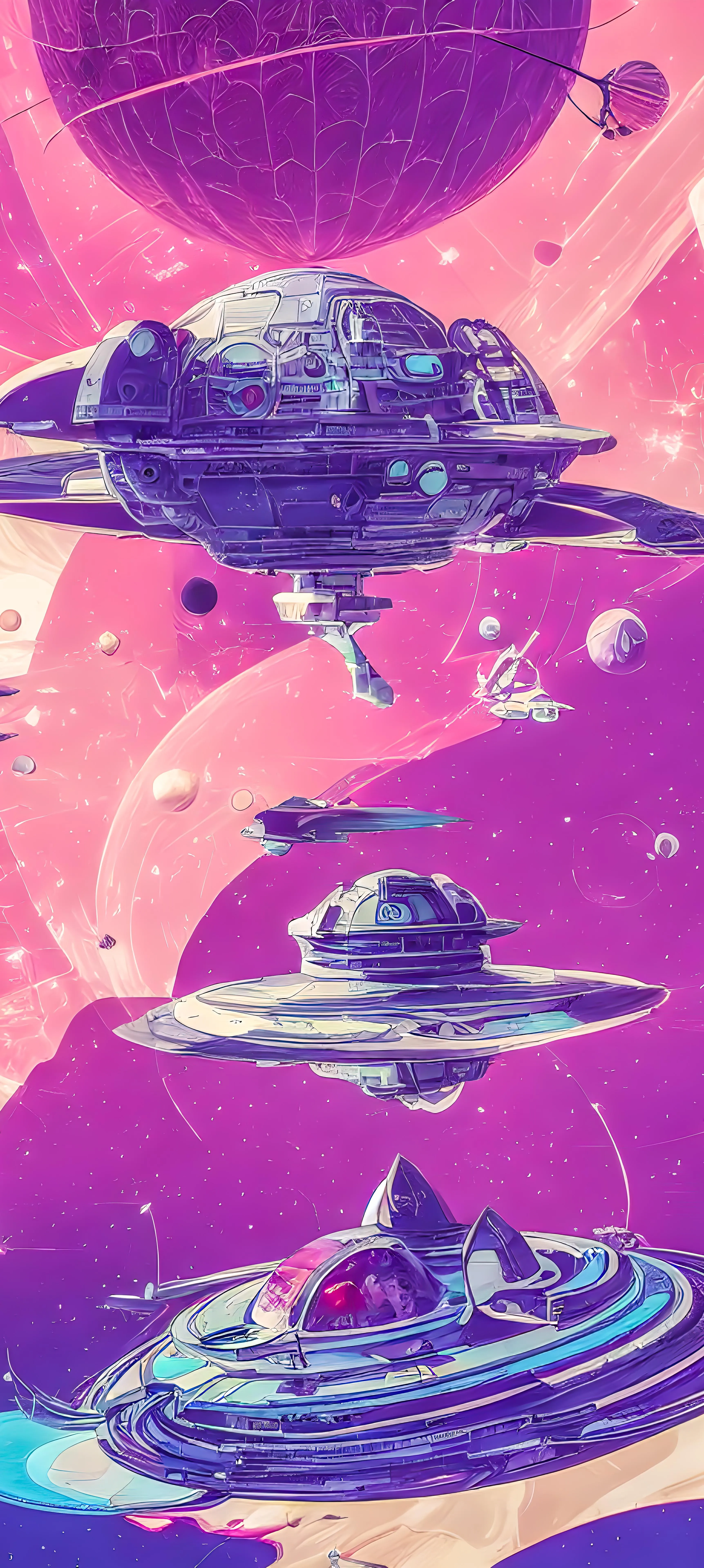 Colorful Cartoon Spaceships Flying Through Pink Galaxy