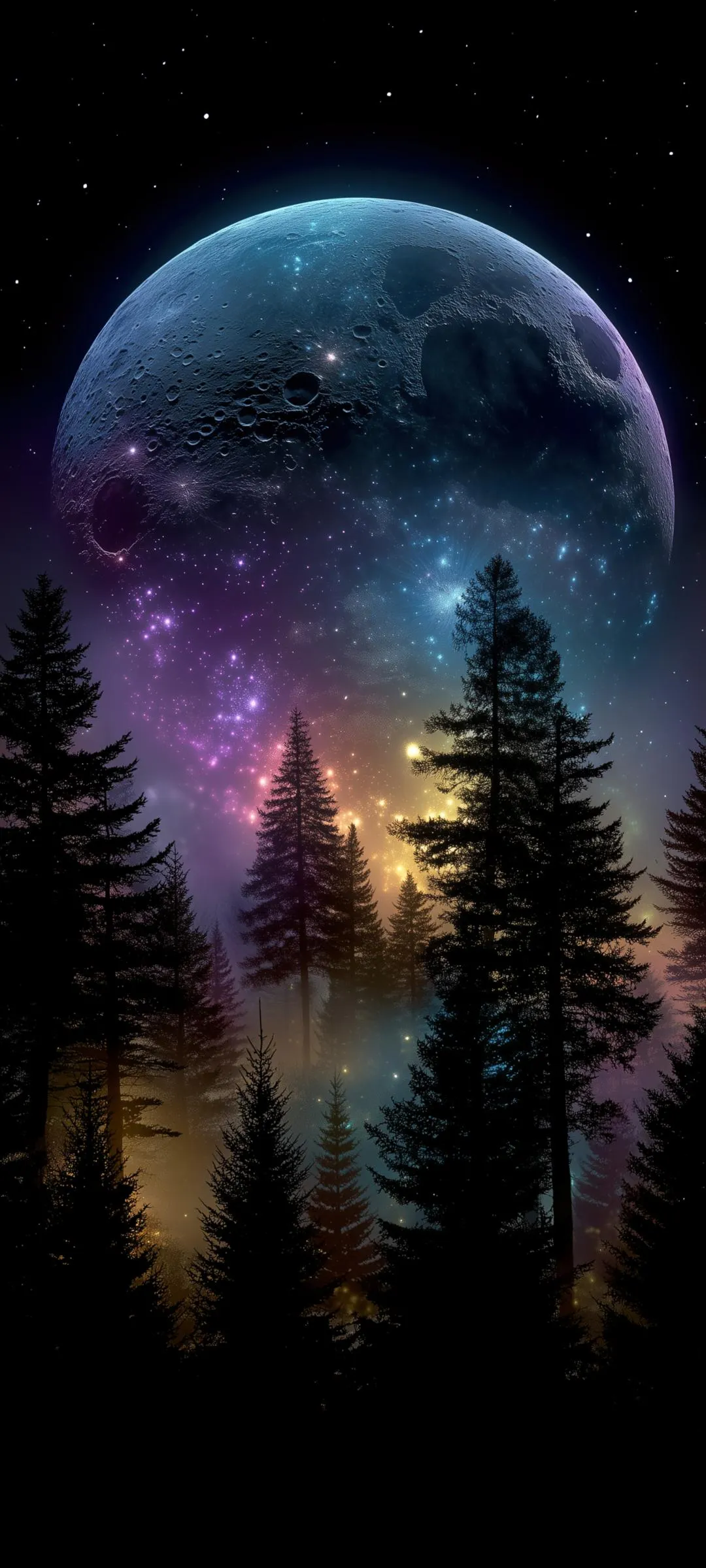 Colorful Fantasy Landscape with Glowing Moon and Trees