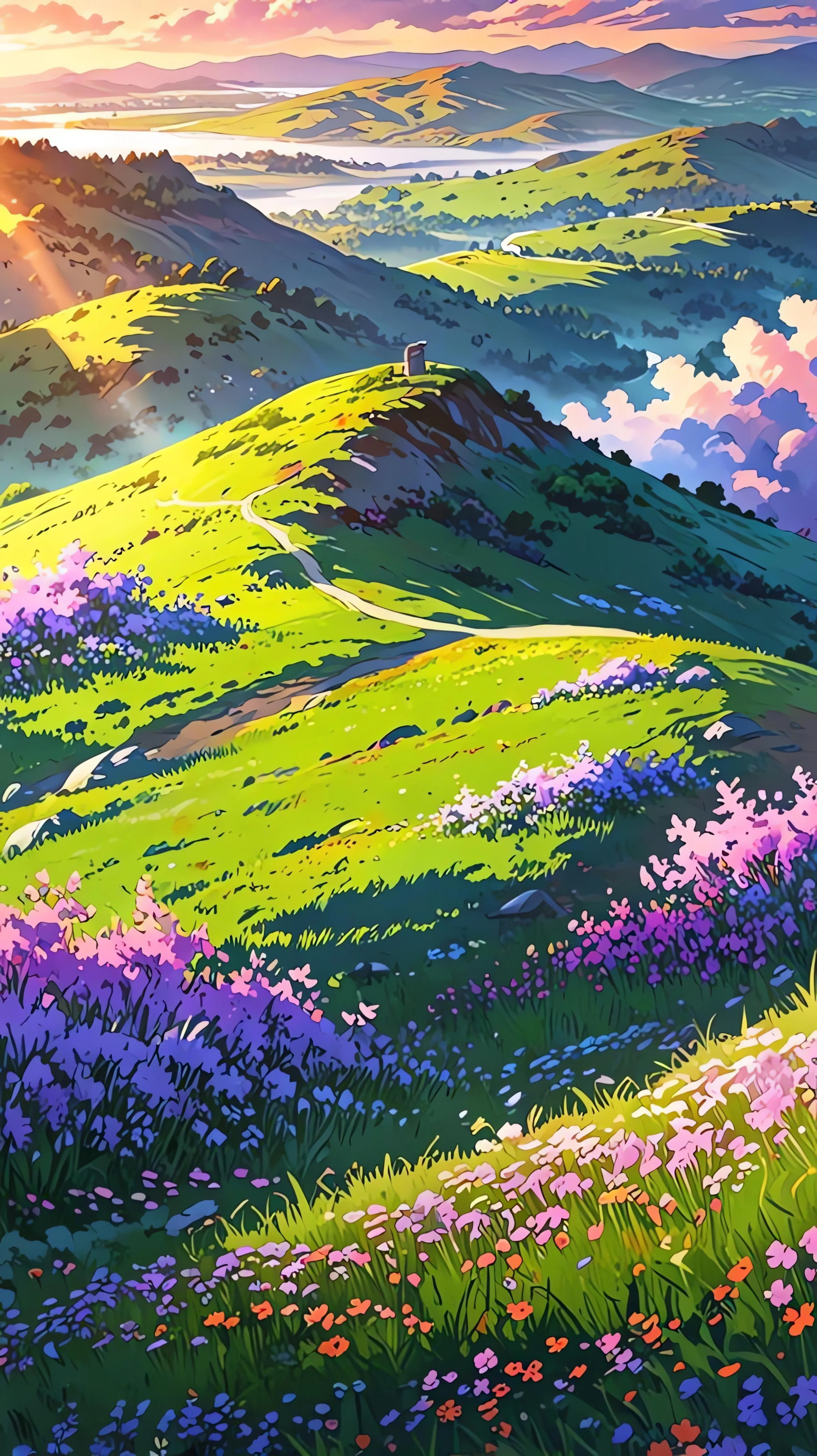 Colorful Mountain Landscape with Flowers and Blue Sky