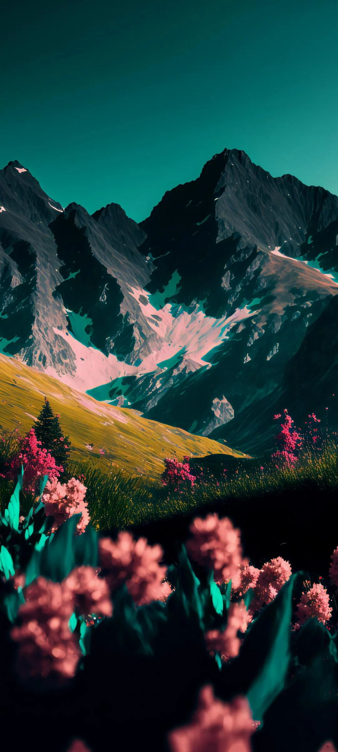 Colorful Mountain Landscape with Pink Flowers Wallpaper