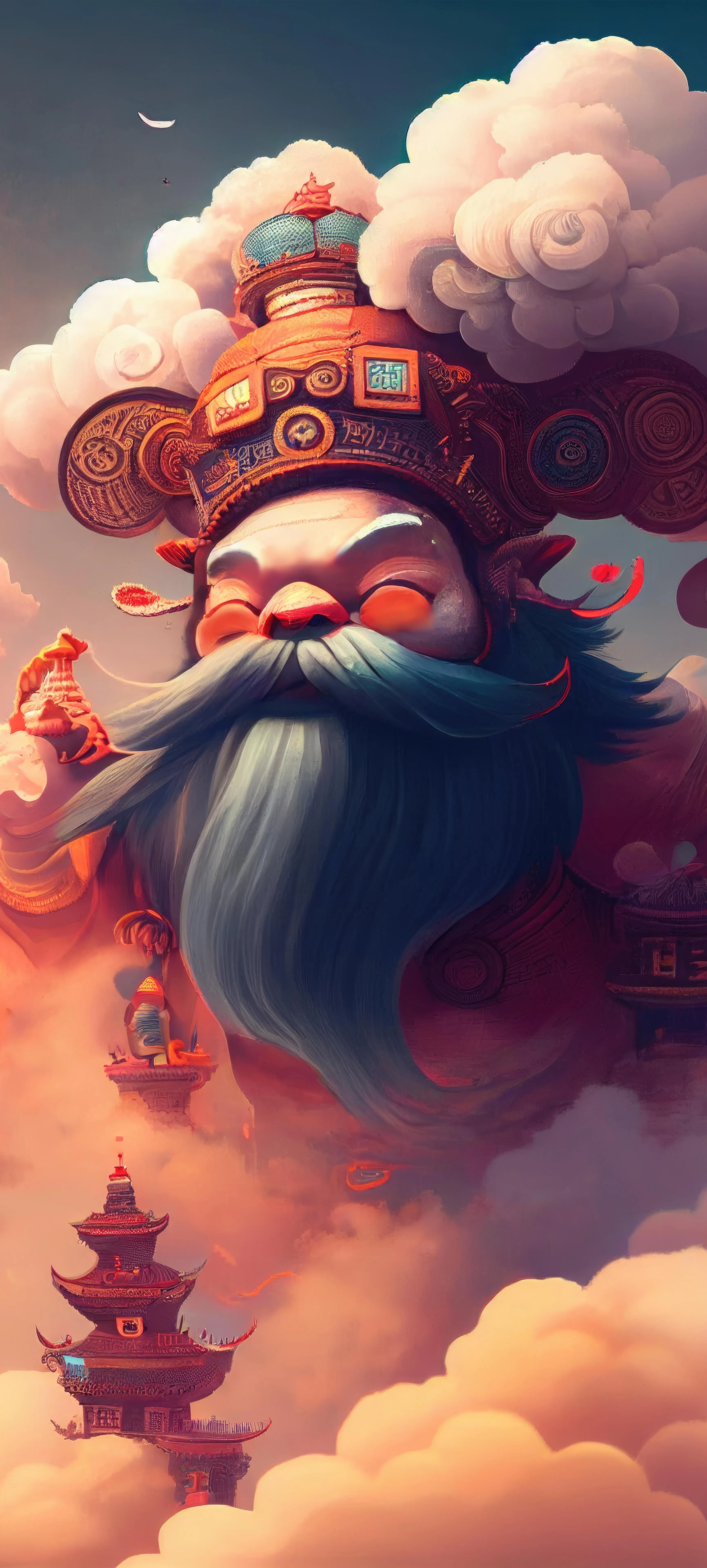 Colorful Mythical Character in Clouds with Vibrant Background