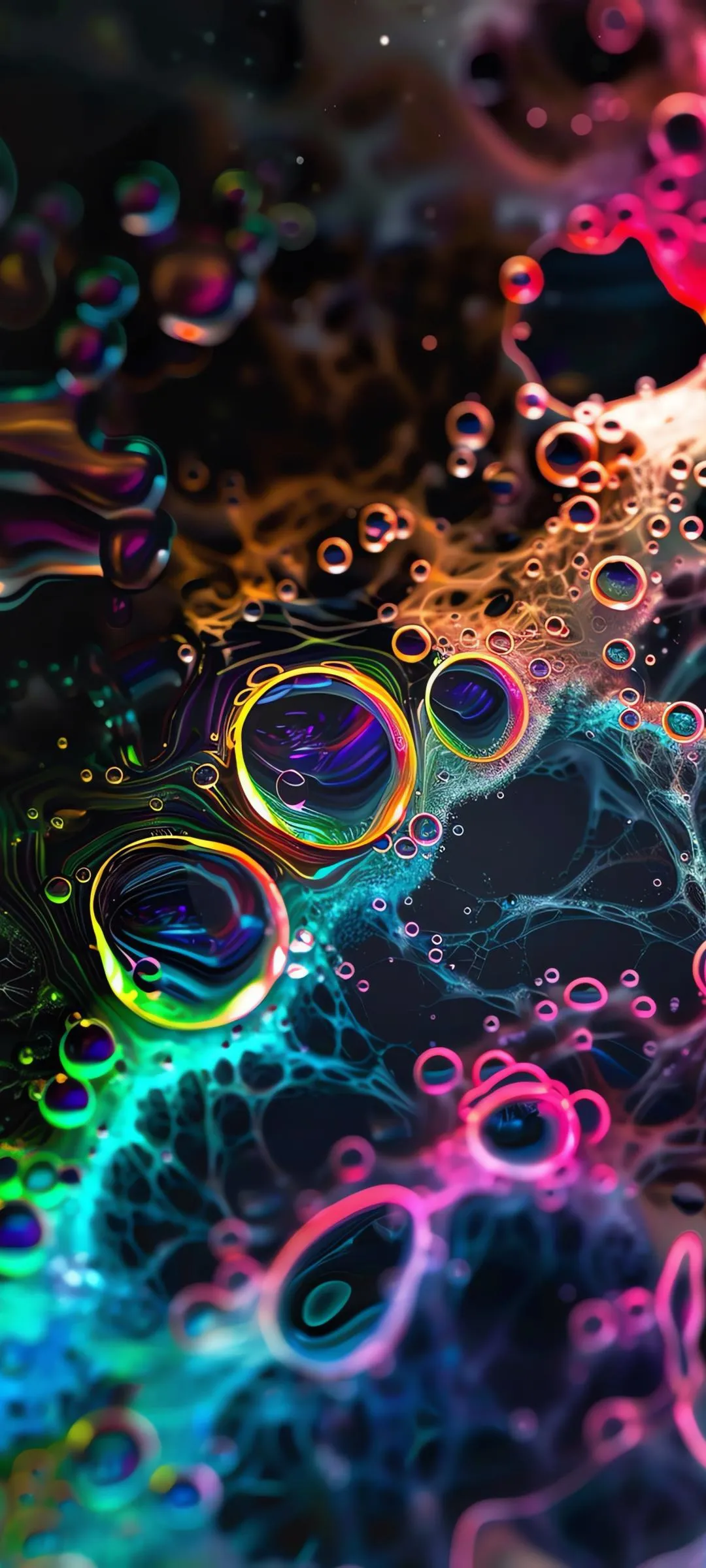 Colorful Neon Bubbles Floating on Dark Background Wallpaper