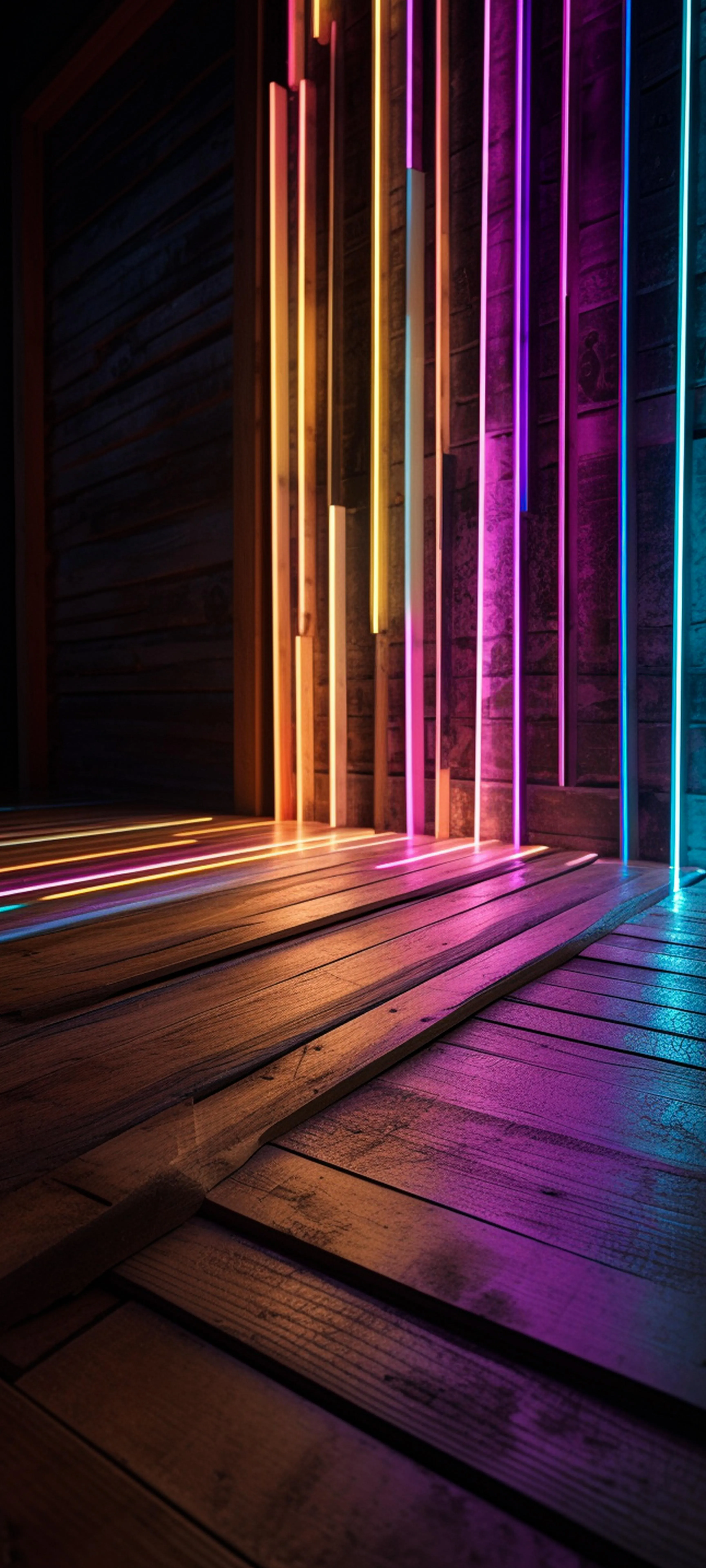 Colorful Neon Light Reflection on Wooden Floor at Night