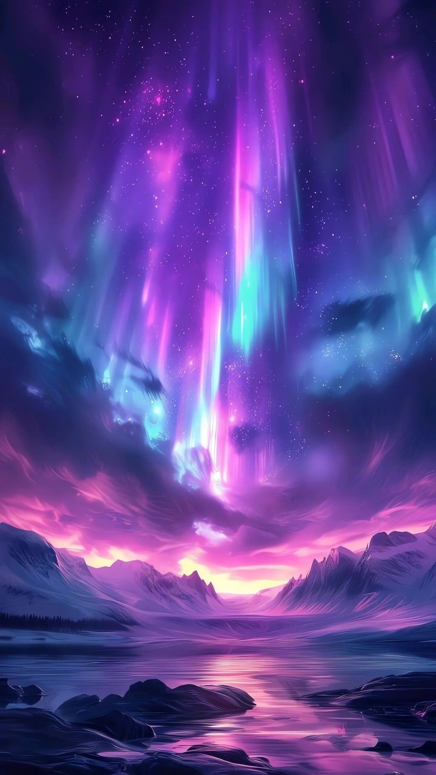 Colorful Northern Lights Over Mountainous Landscape At Night