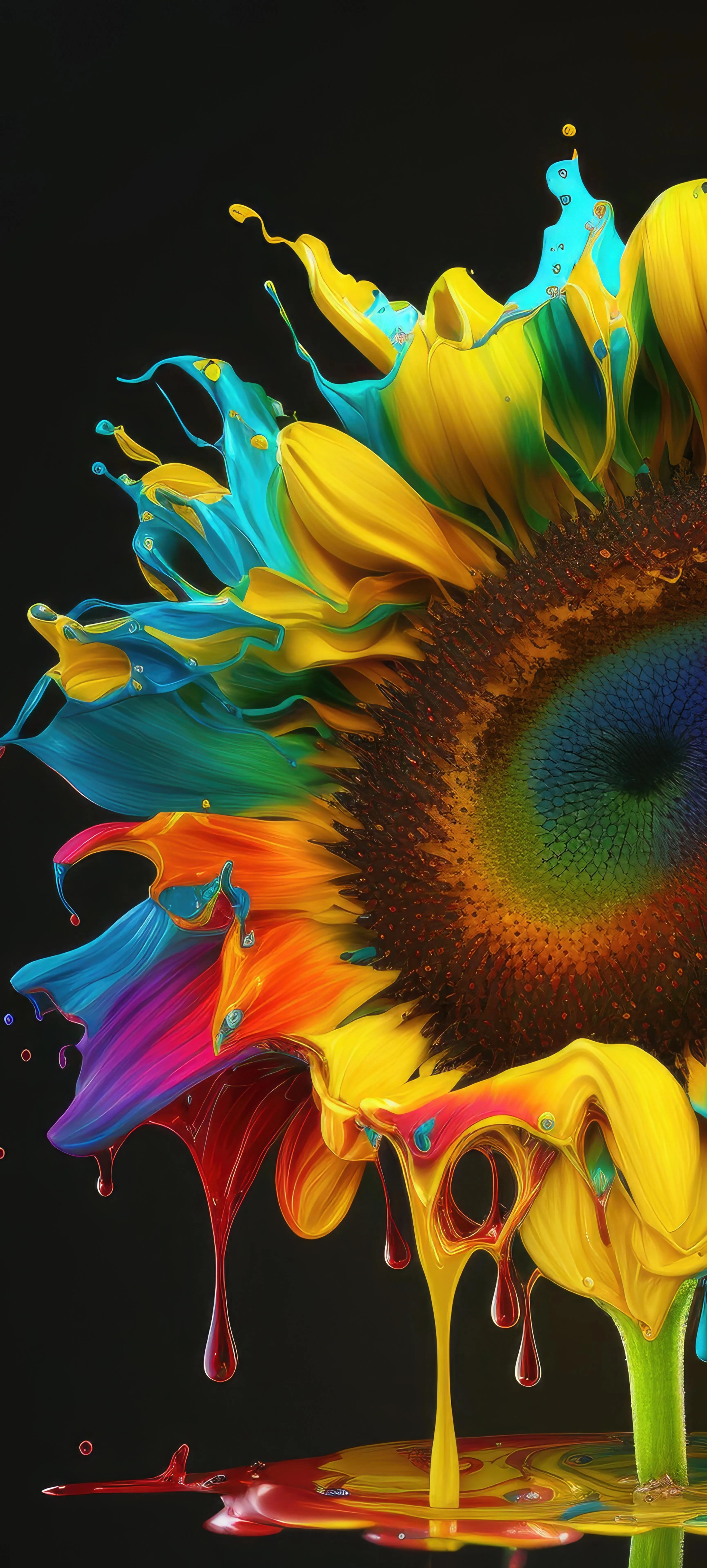 Colorful Painted Sunflower Art with Bright Dripping Paint
