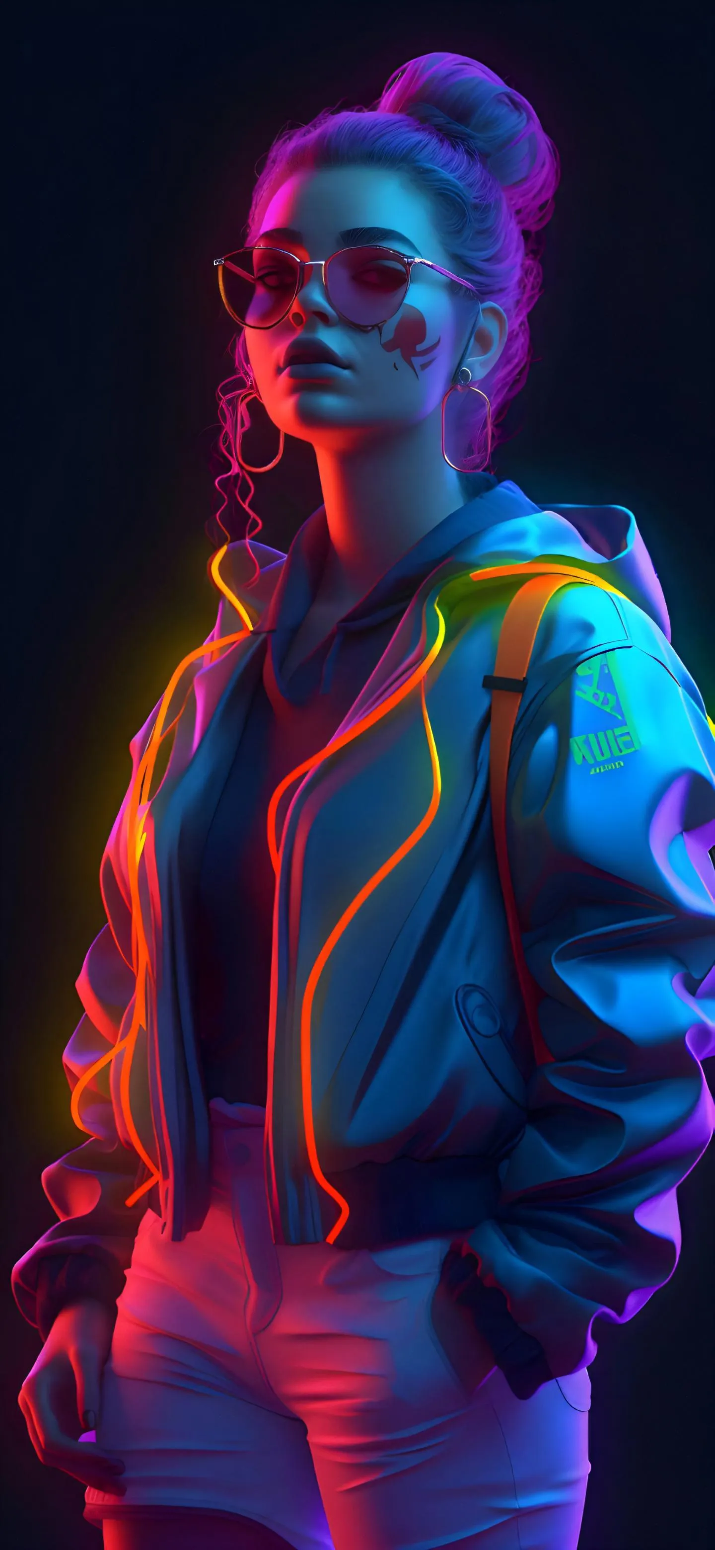 Colorful Portrait of Young Girl with Neon Lighting Effects