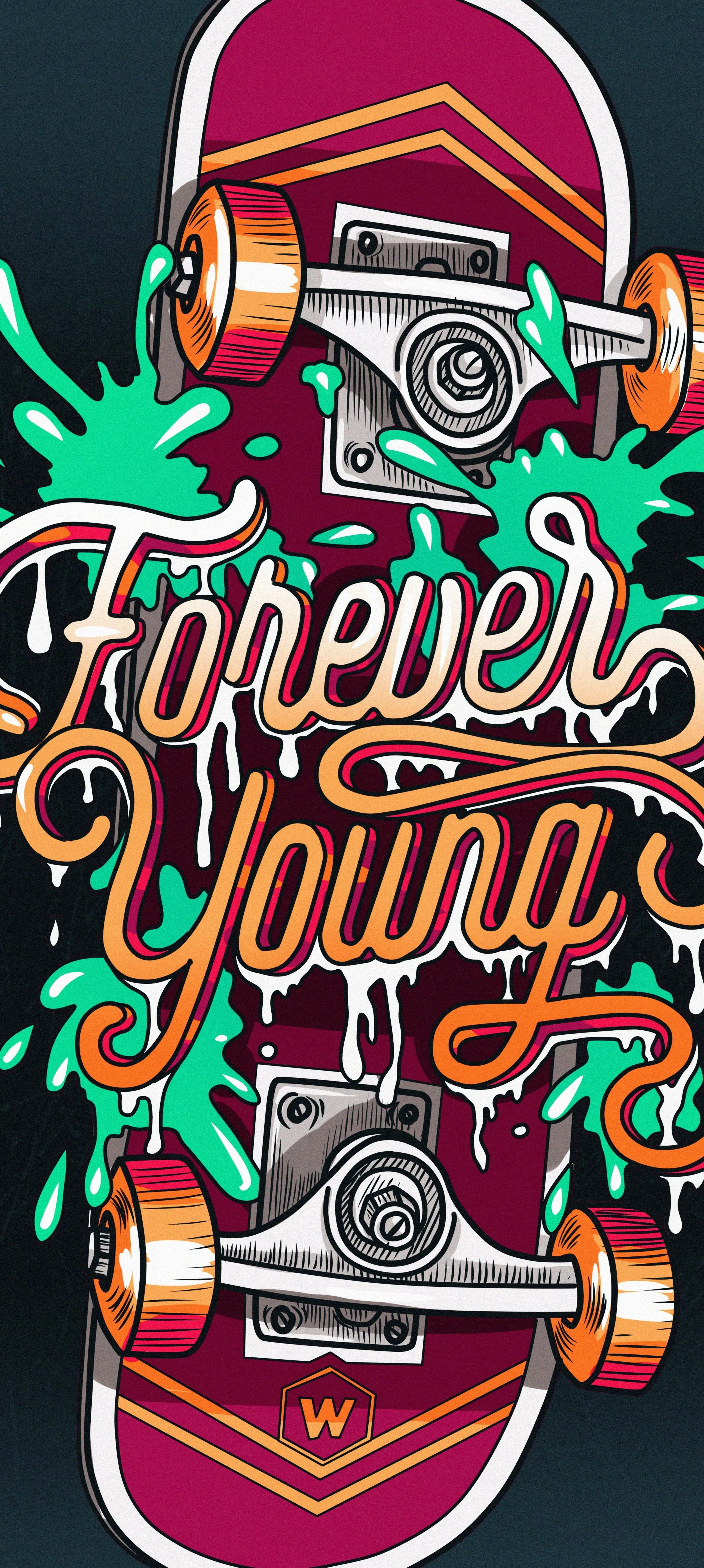 Colorful Skateboard with Forever Young Typography Wallpaper