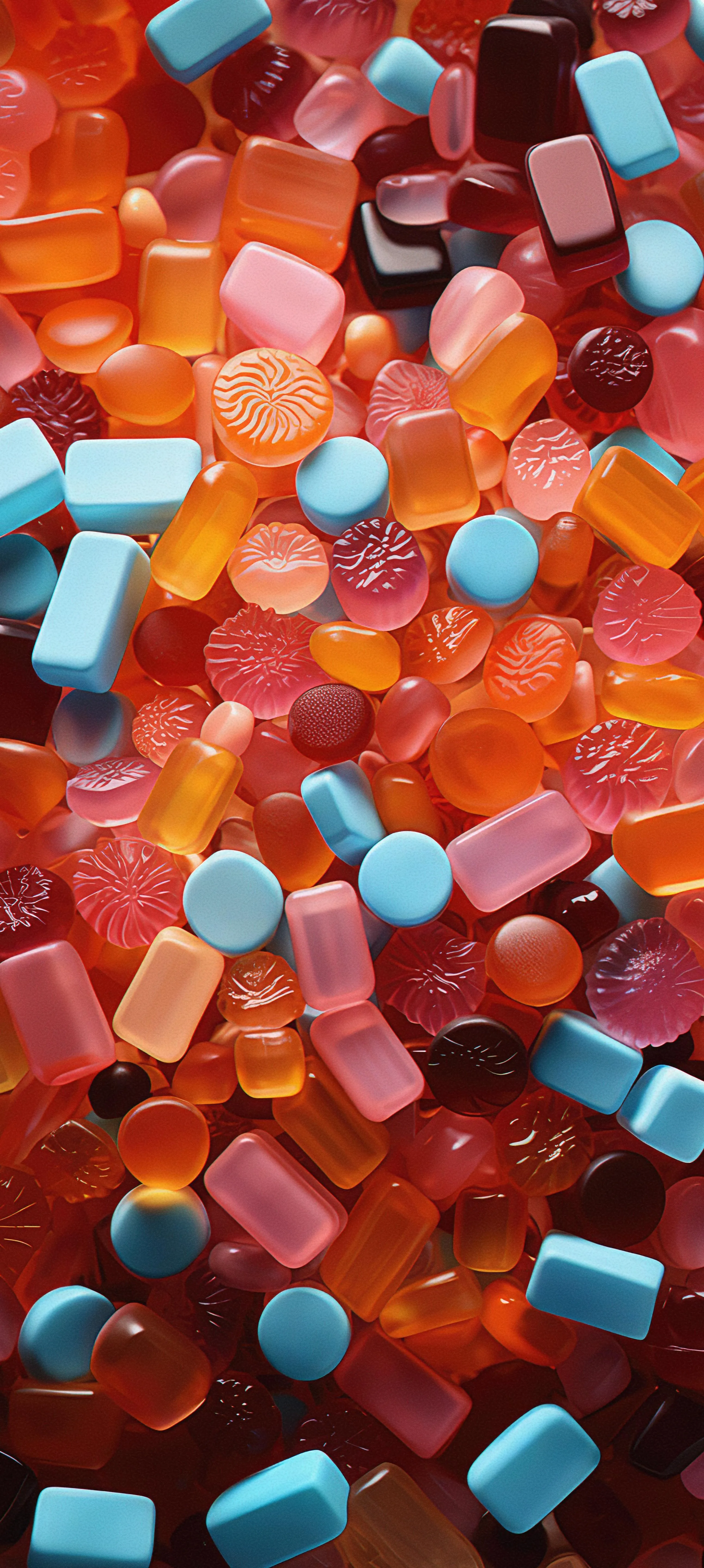 Colorful Small Plastic Capsules on Red Background Wallpaper