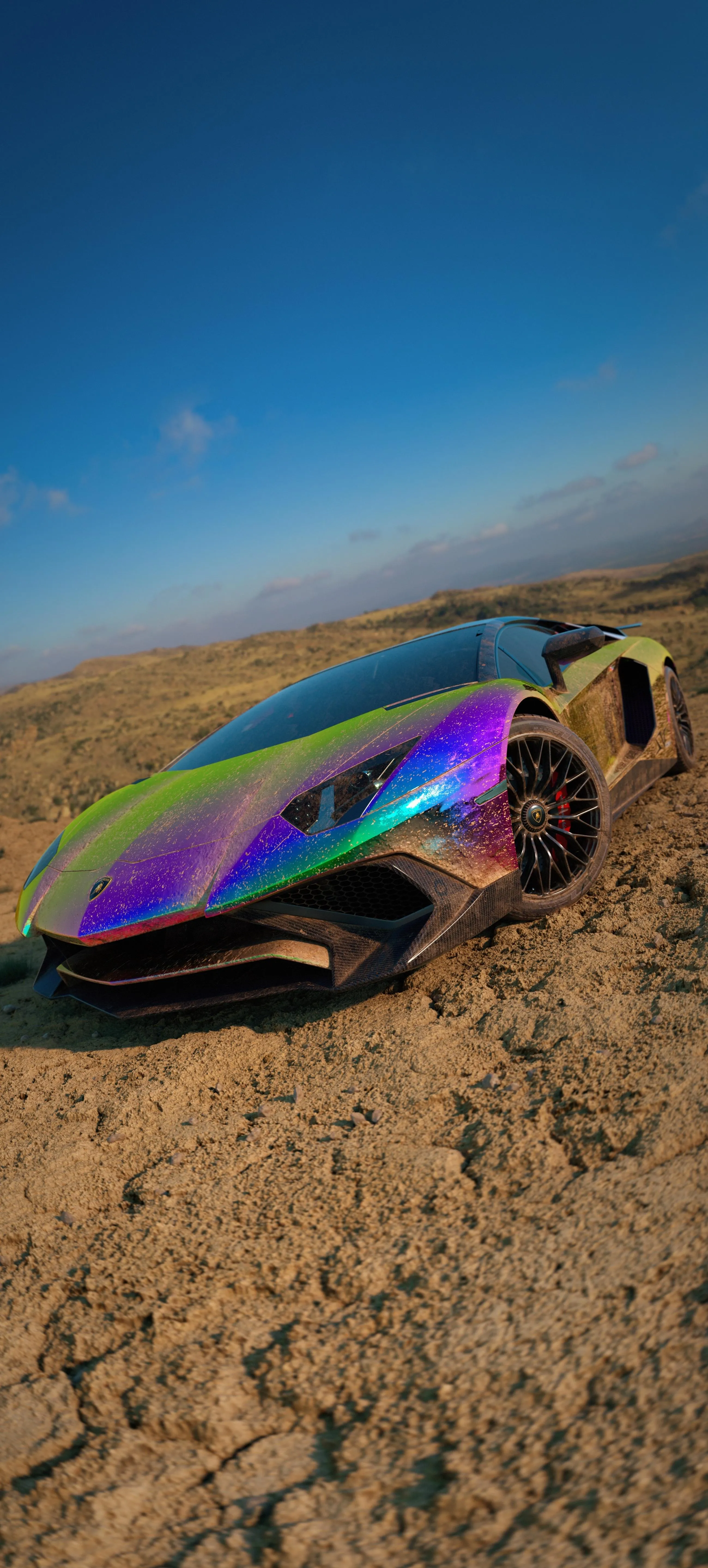 Colorful Sports Car Driving on a Sandy Desert Road