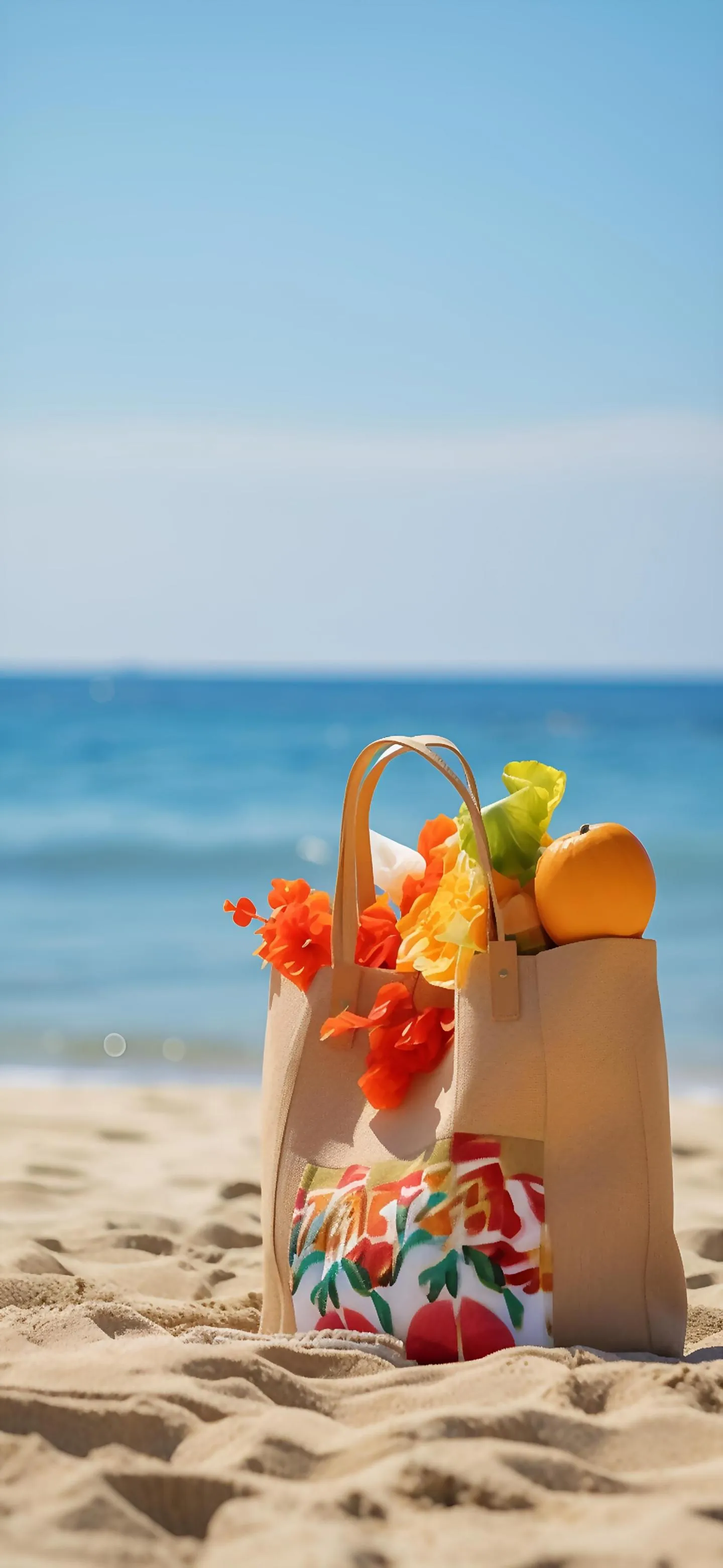 Colorful Summer Beach Bag on Sand with Ocean View Wallpaper
