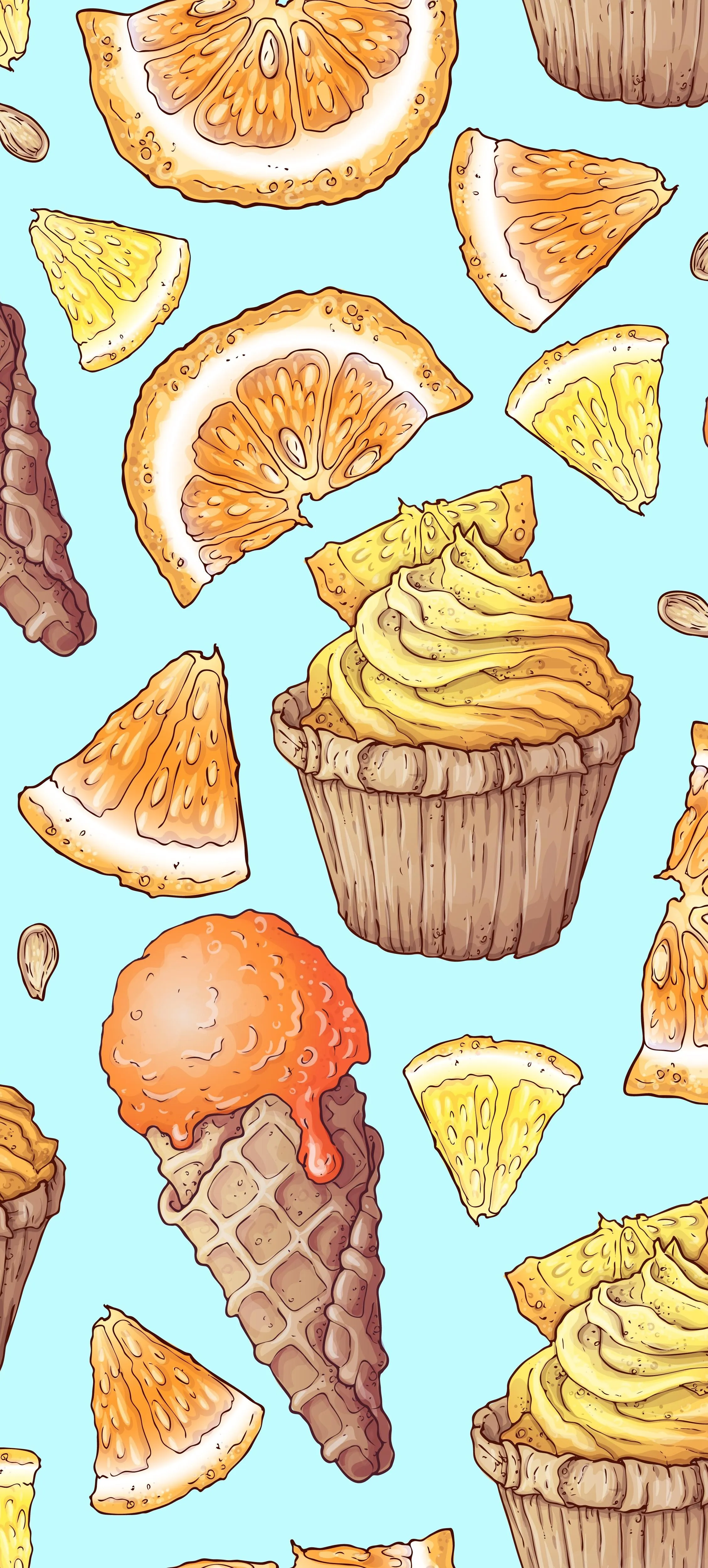 Colorful Summer Pattern of Ice Cream and Citrus Fruit Illustration