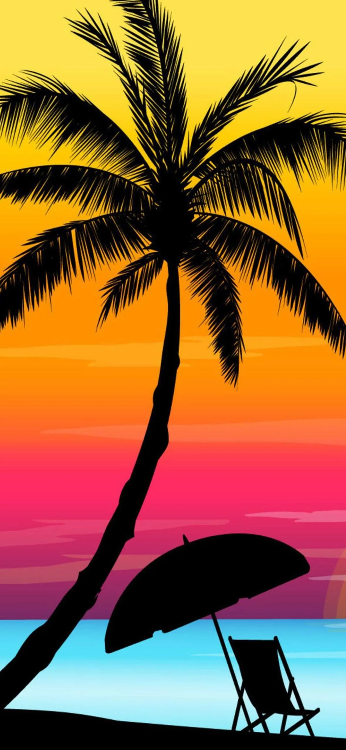 Colorful Sunset With Palm Tree Overlooking Calm Ocean