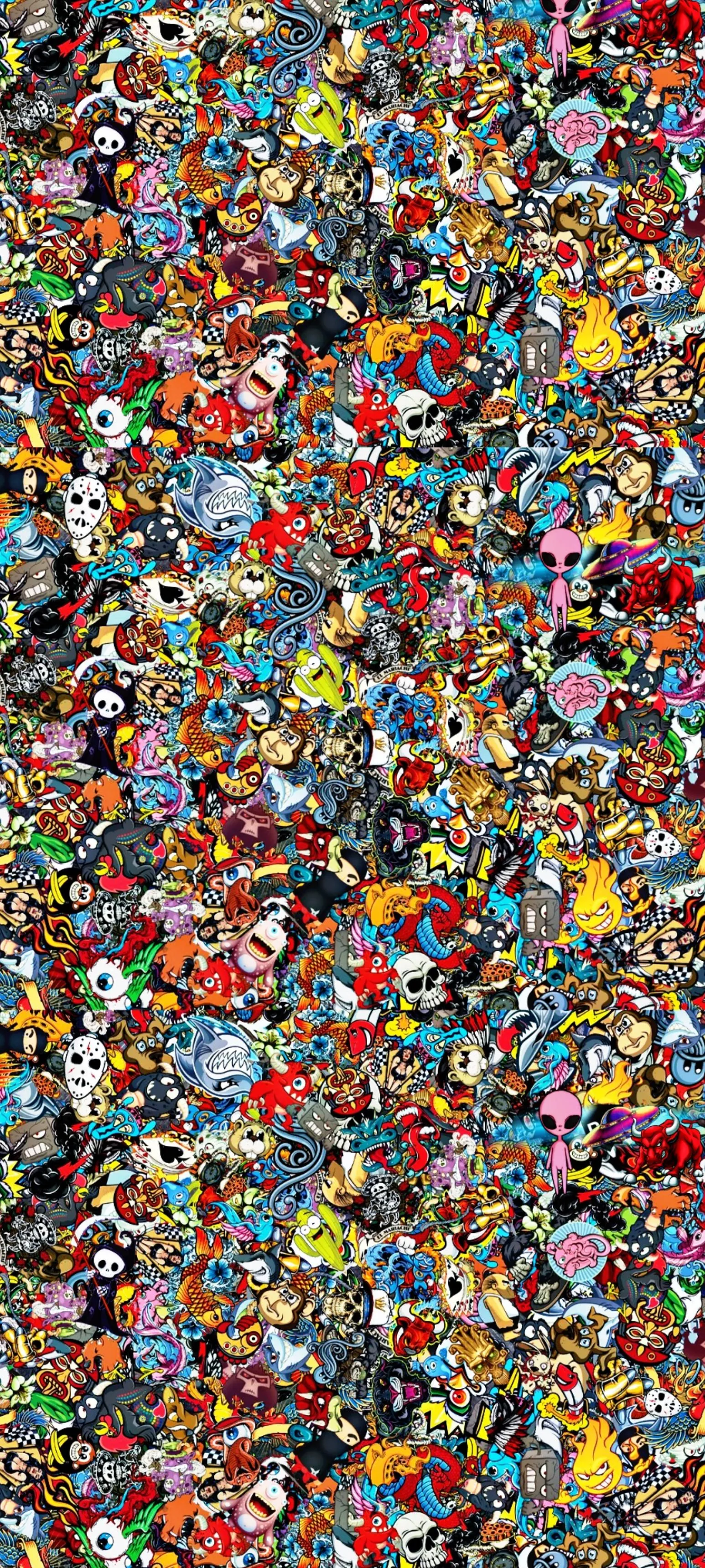 Colorful Tiny Cartoons Arranged in a Vibrant Abstract Pattern