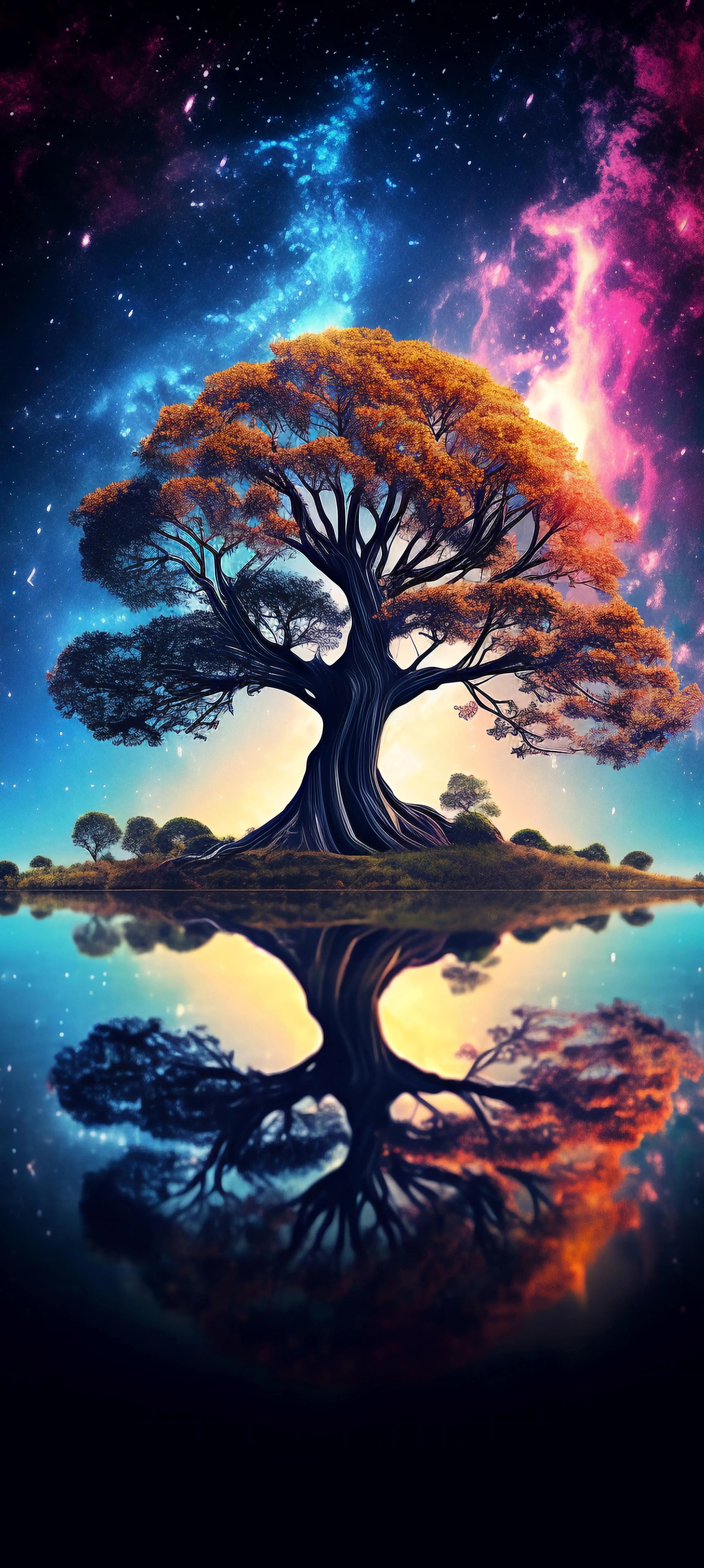 Colorful Tree of Life with Fiery and Cosmic Background