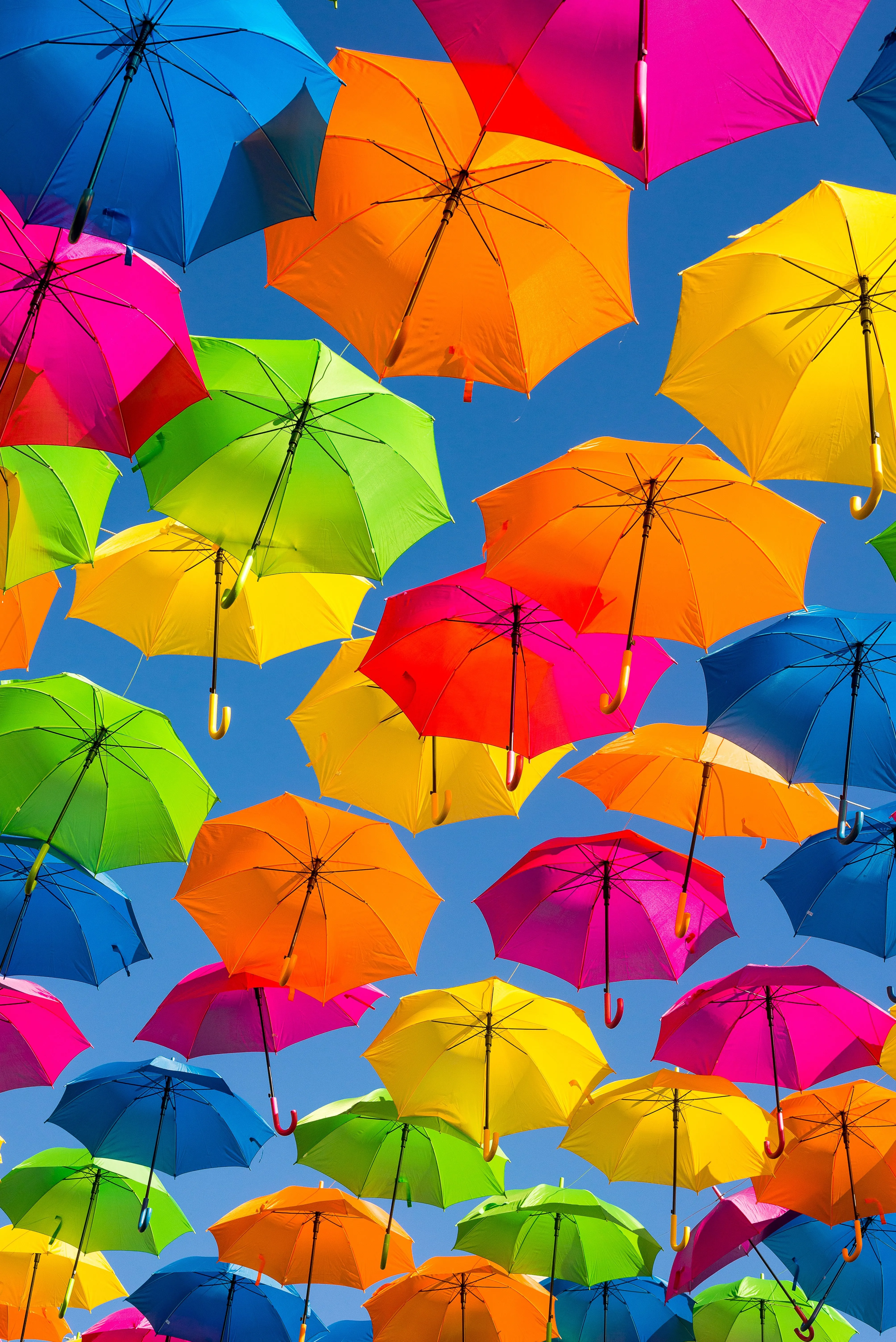 Colorful Umbrellas Hanging on Urban Street Background