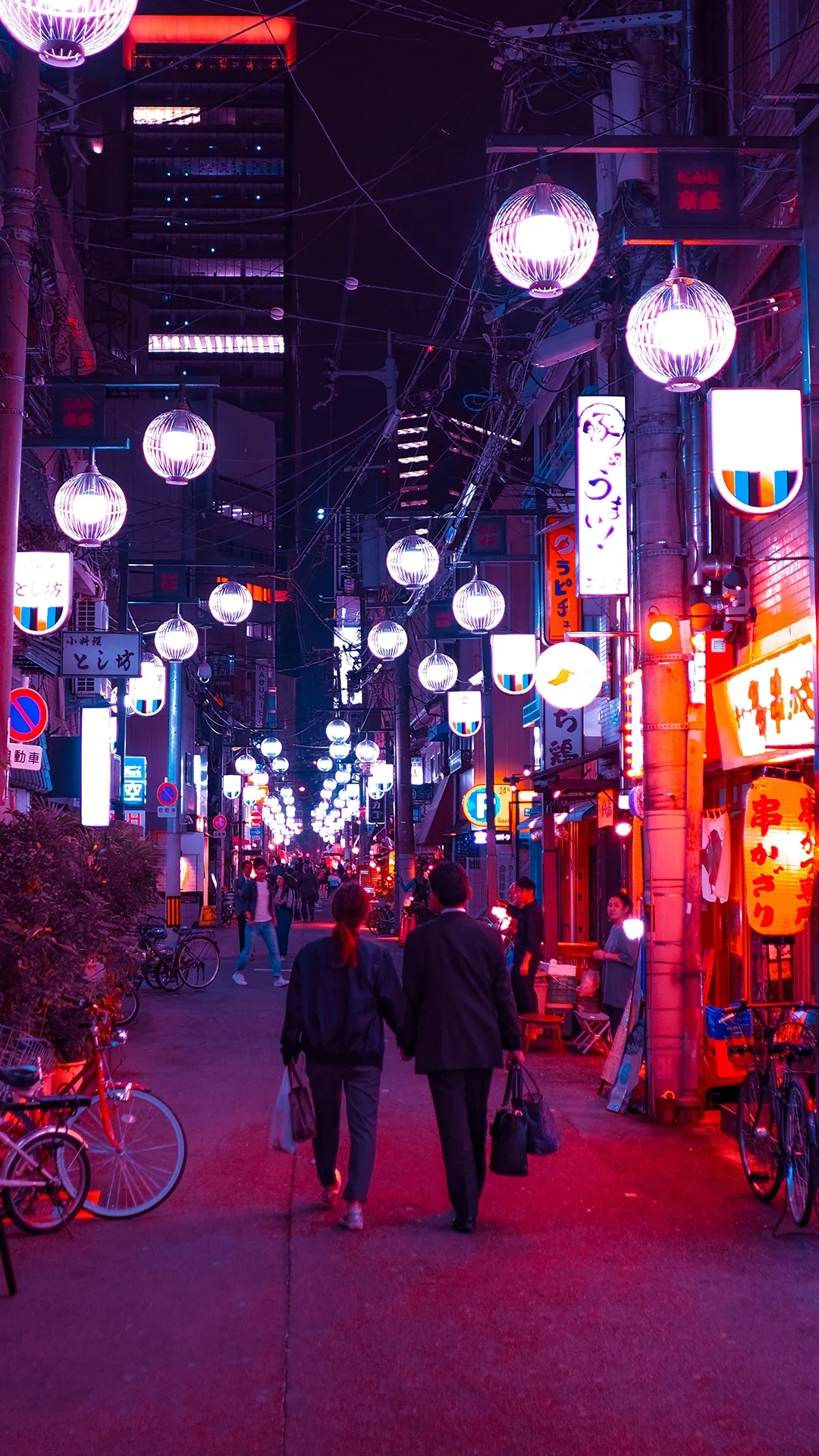 Colorful Urban Street Scene with Neon Lights Wallpaper