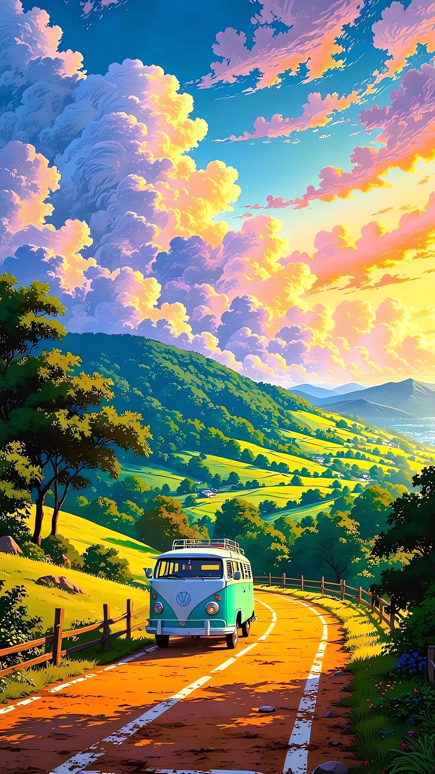 Colorful Van Driving Through Scenic Countryside Hills