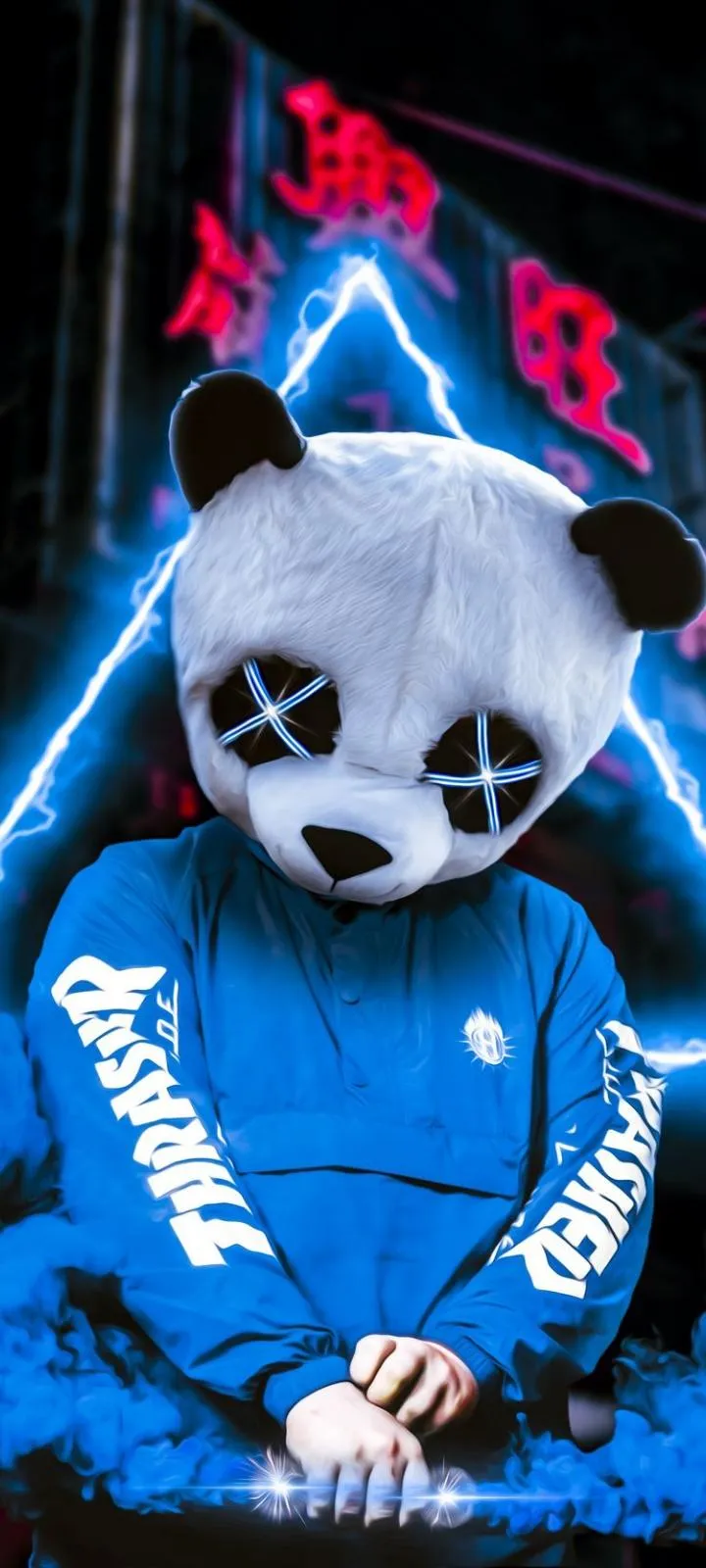 Cool Panda In Hoodie Cyberpunk Neon Blue Wallpaper