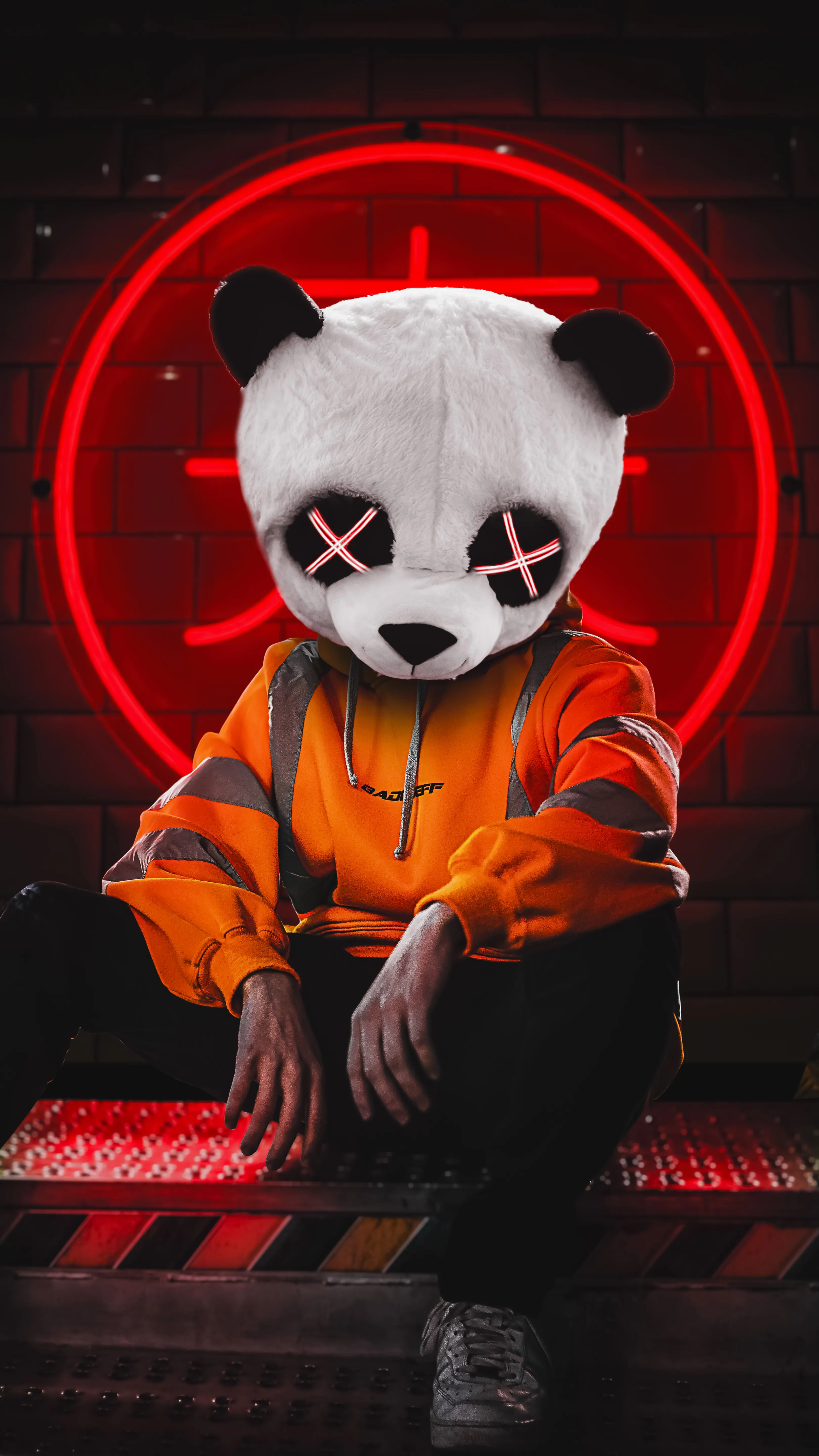 Cool Panda with Hoodie and Neon Red Circle Light Wallpaper