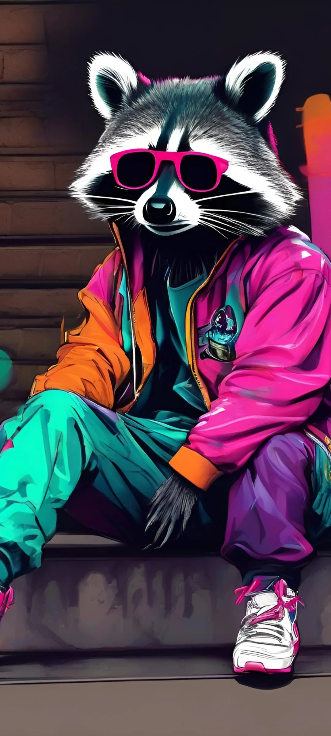 Cool Raccoon in Hoodie Sitting on Colorful Graffiti Seat