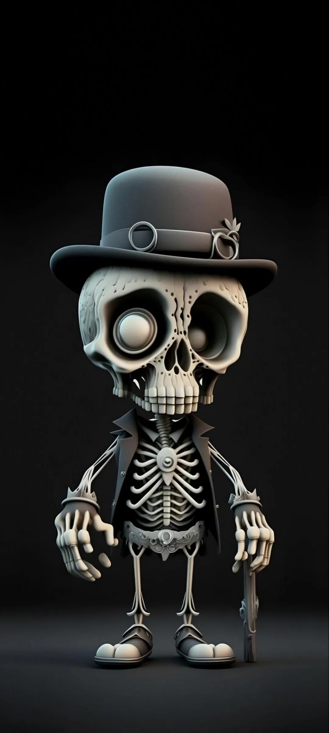 Cool Robot Skeleton Wearing Hat in Dark Background Wallpaper