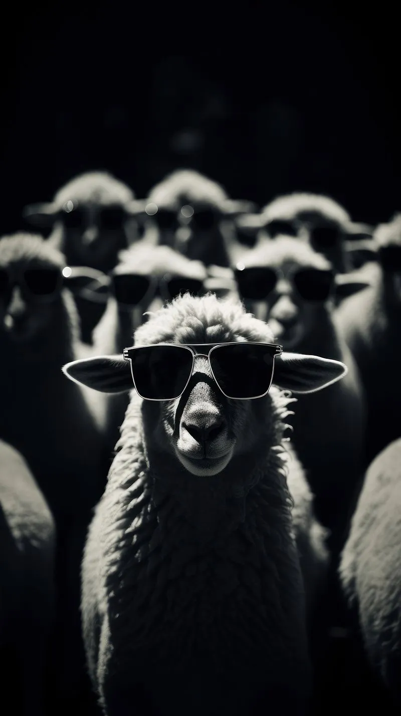 Cool Sheep Standing Confidently in a Herd Wearing Sunglasses