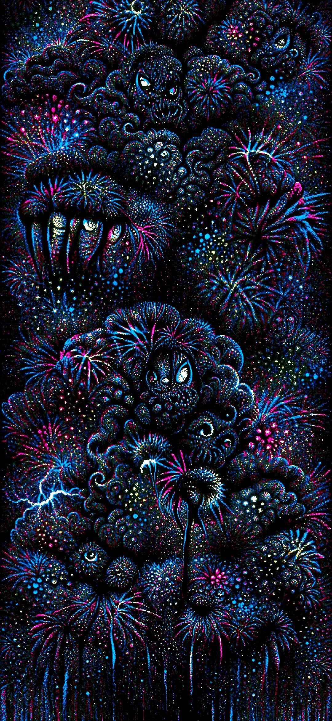 Cosmic Creatures Emerging Through Vivid Night Fireworks