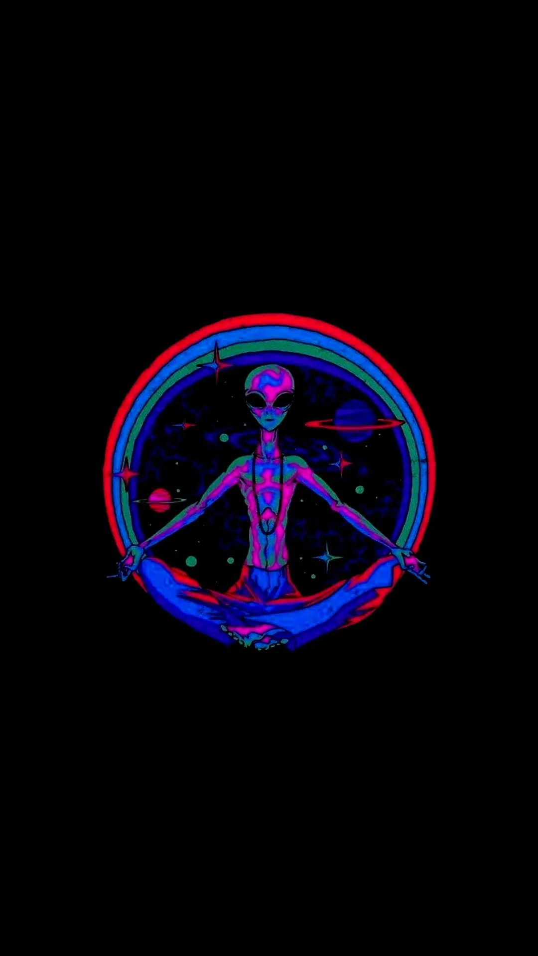 Cosmic Meditation with Neon Alien Art and Planets Wallpaper