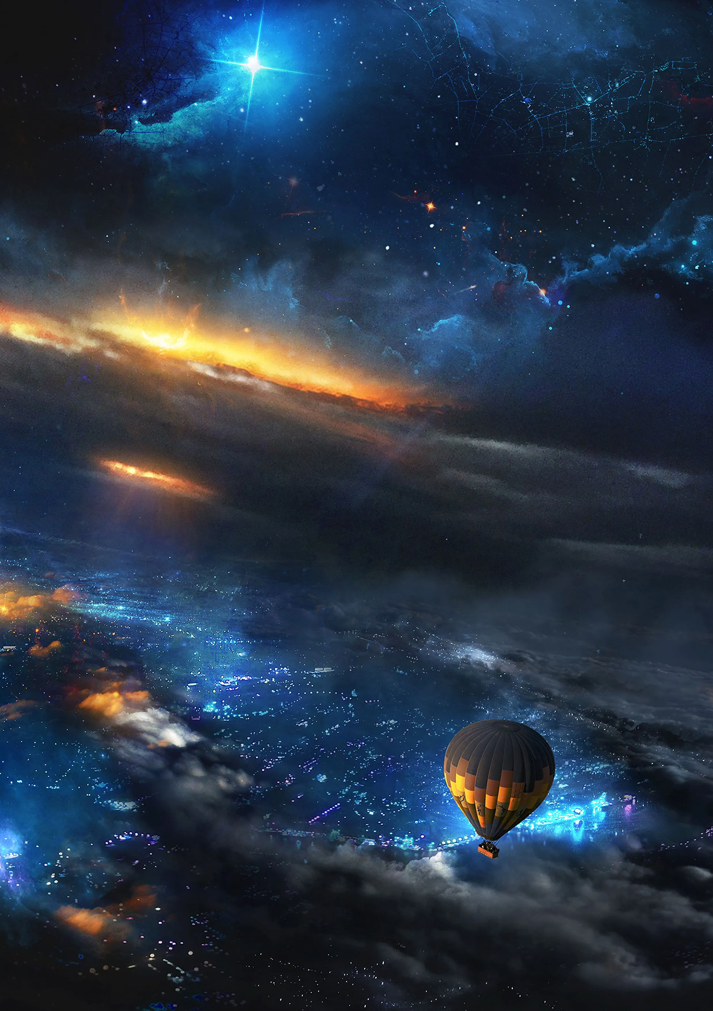 Cosmic Space Scene with Hot Air Balloons and Star Lights