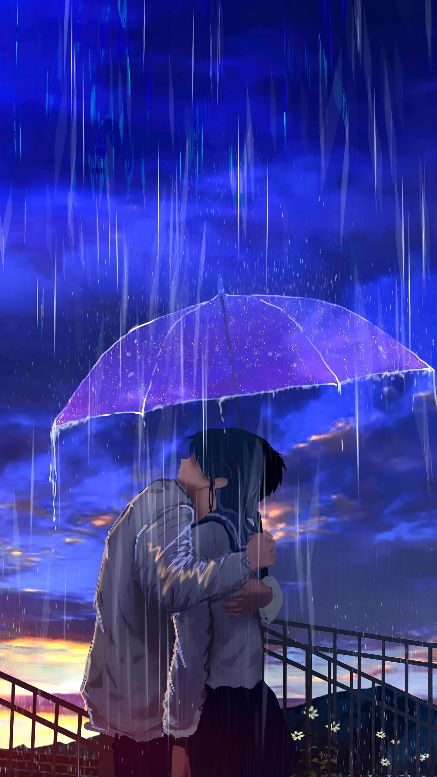 Couple Hugging in Umbrella Together in Blue Rain Scene