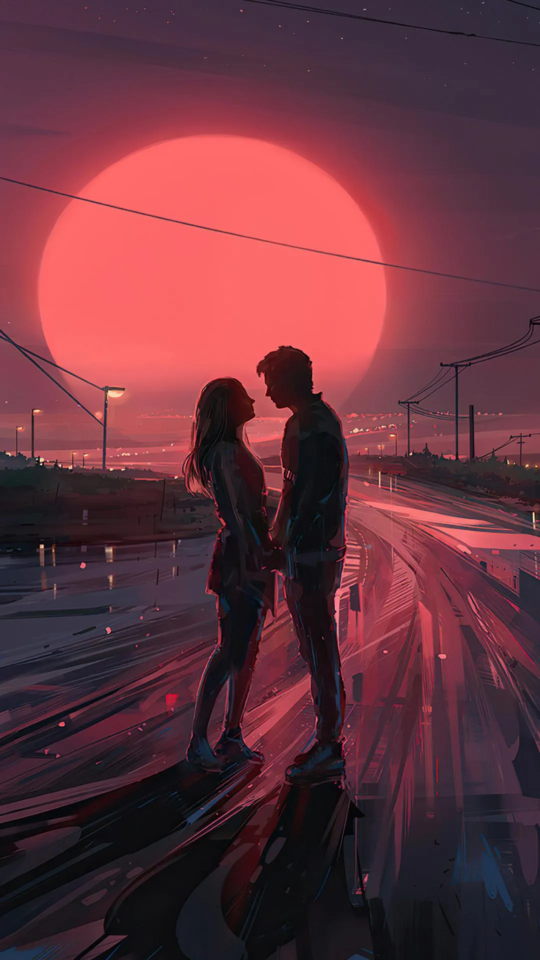 Couple Standing at Sunset Under Red Orange Sky Wallpaper