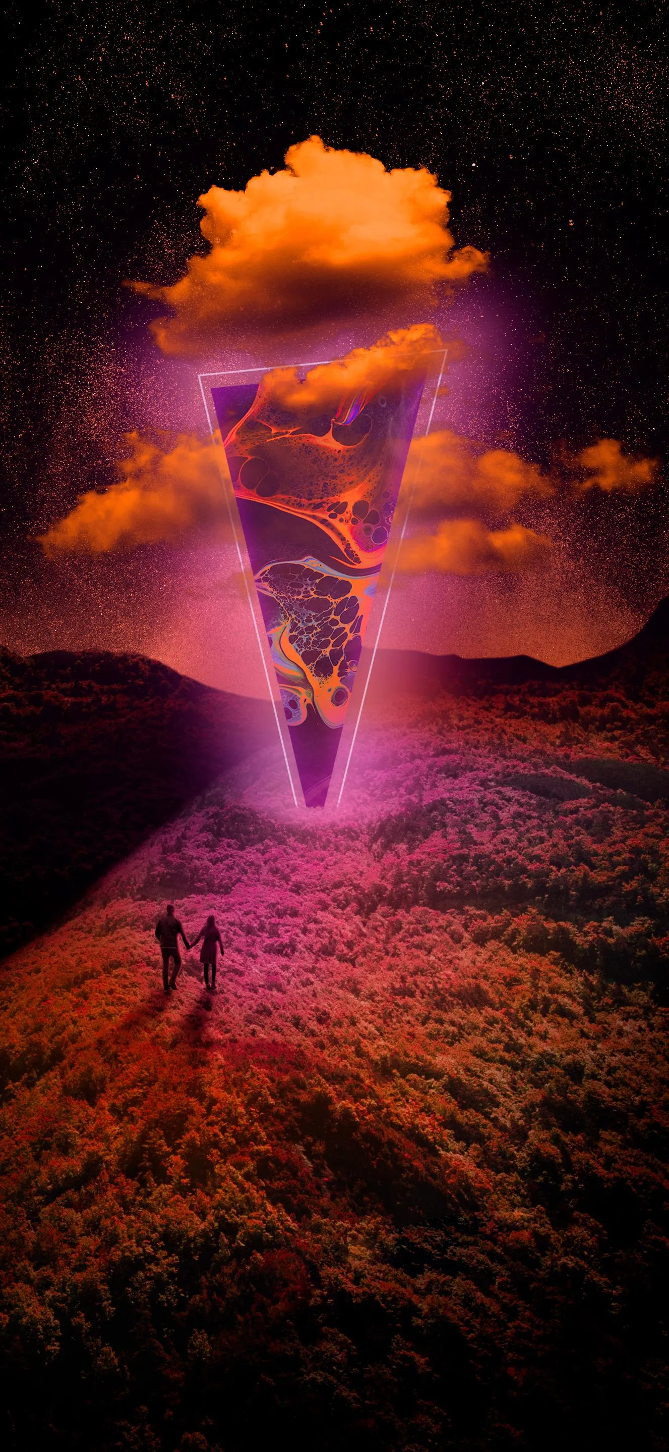 Couple Walks Toward Surreal Light in Vibrant Forest