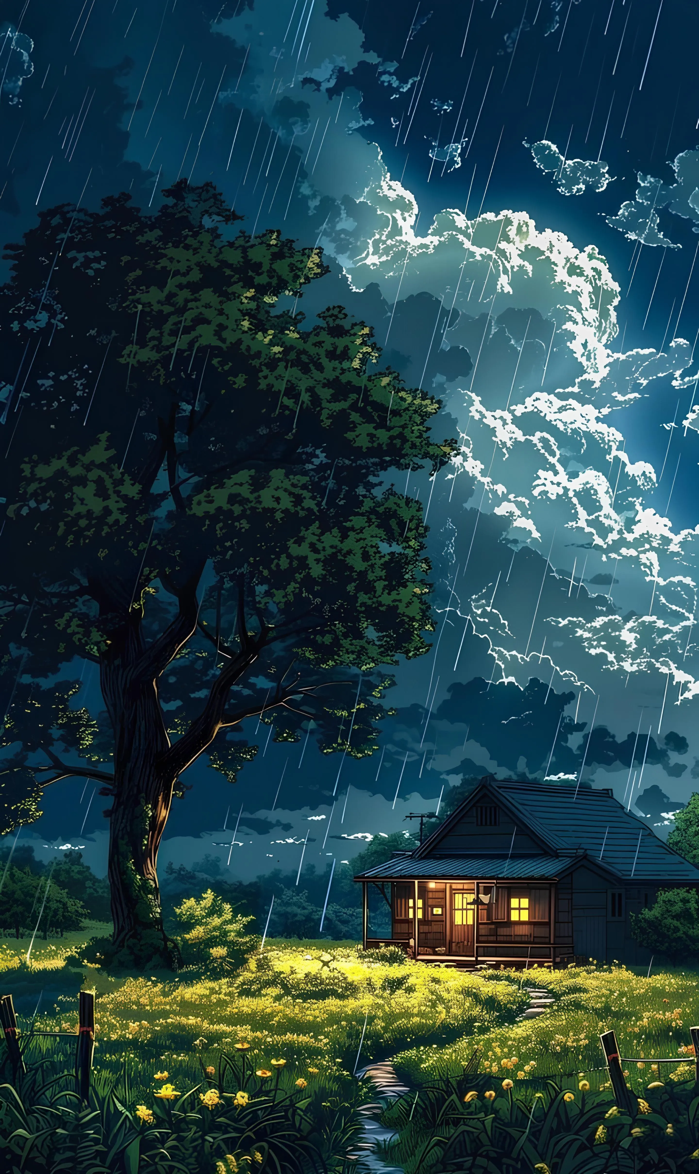 Cozy Cabin Under Blue Sky with a Lone Tree in Nature