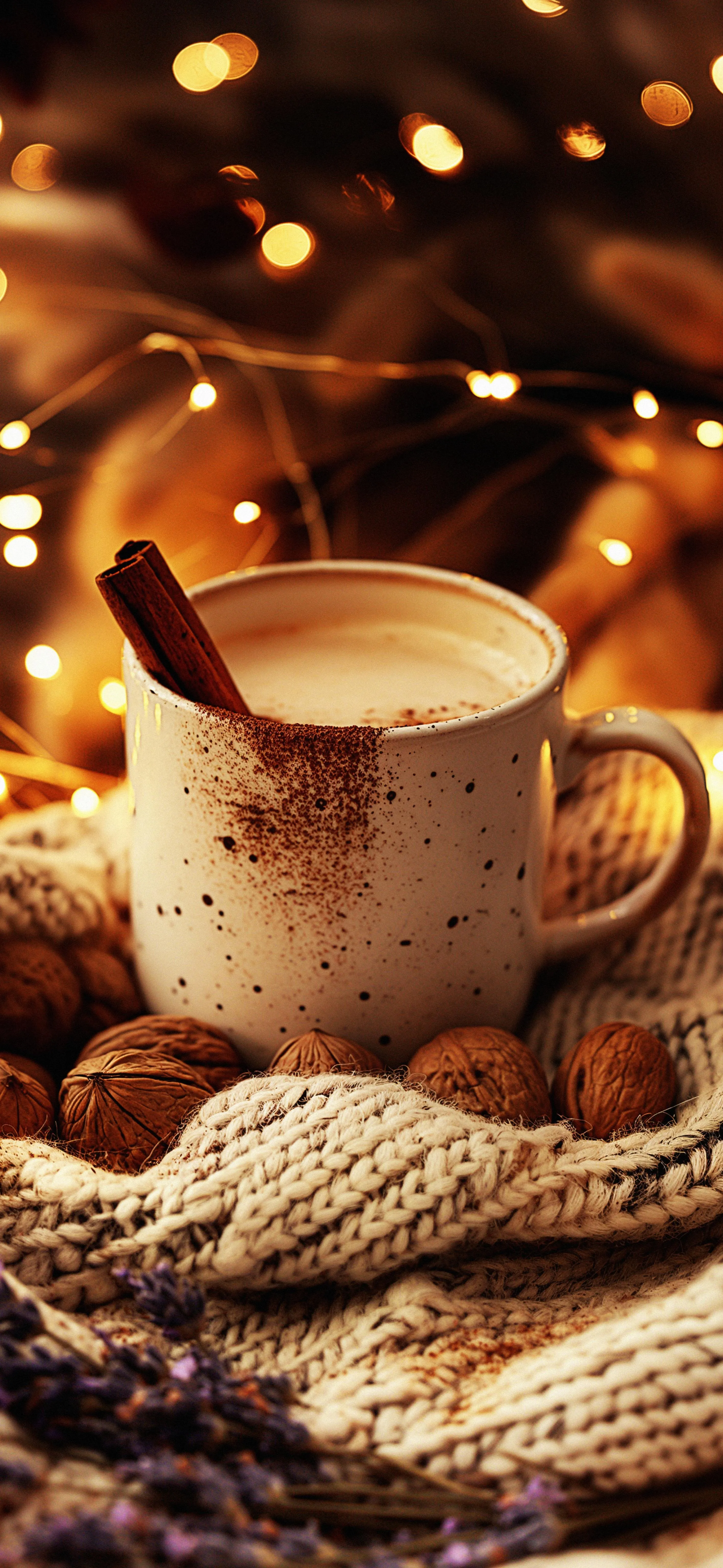 Cozy Cup of Coffee with Warm Lighting and Seasonal Decorations