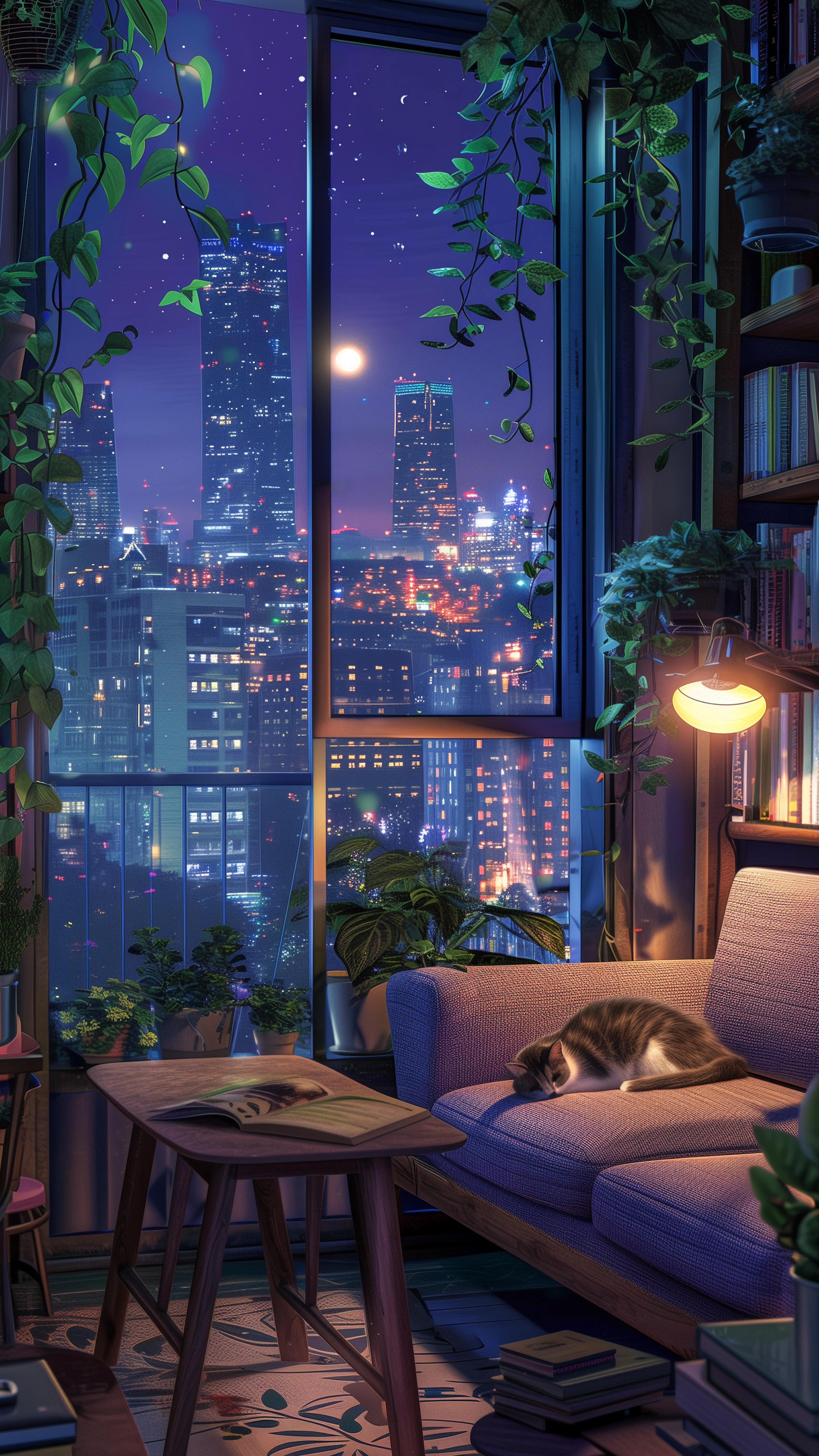 Cozy Night Balcony with City Skyline and Lights Wallpaper