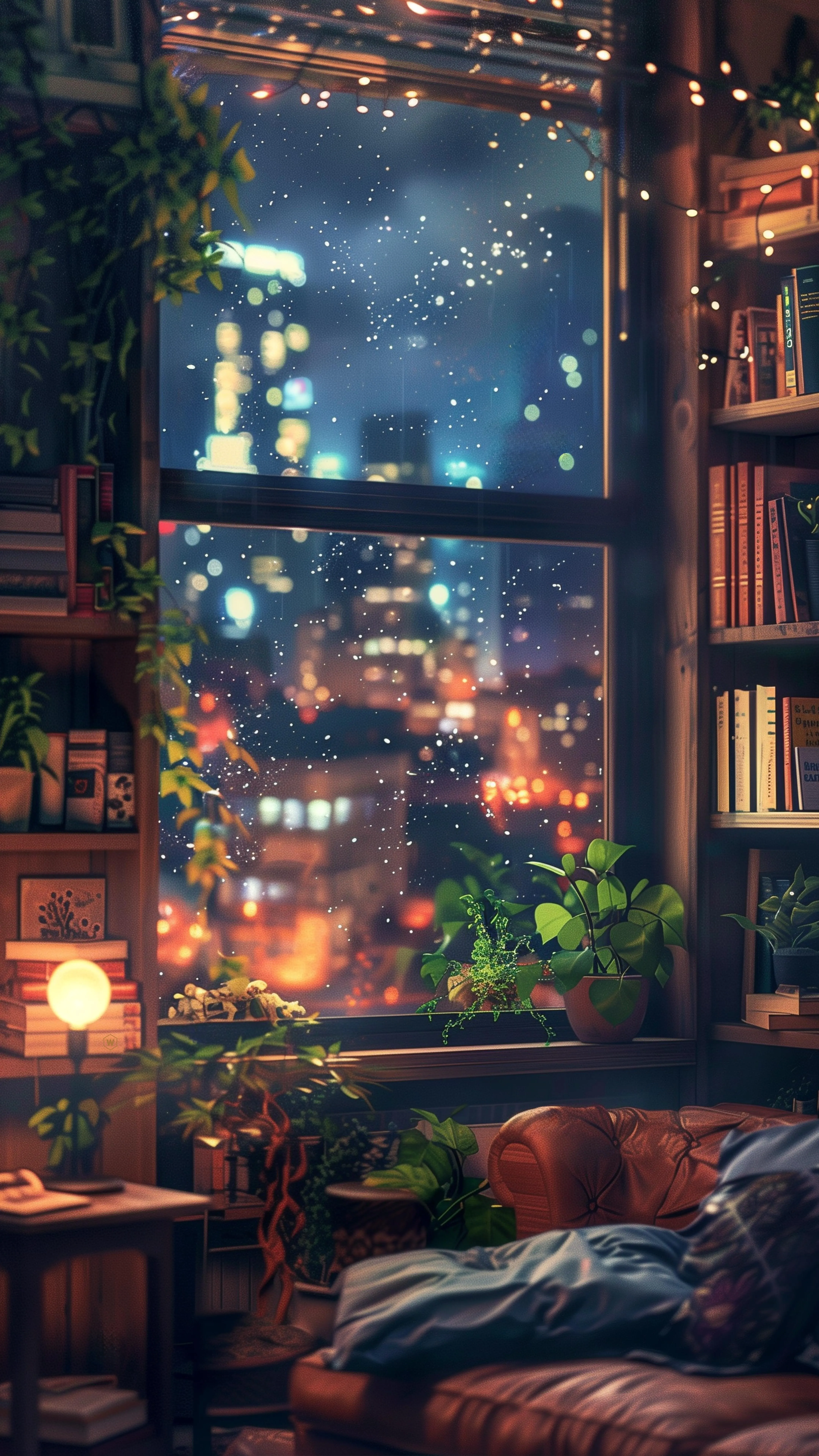 Cozy Room Interior with City View Through Window Image